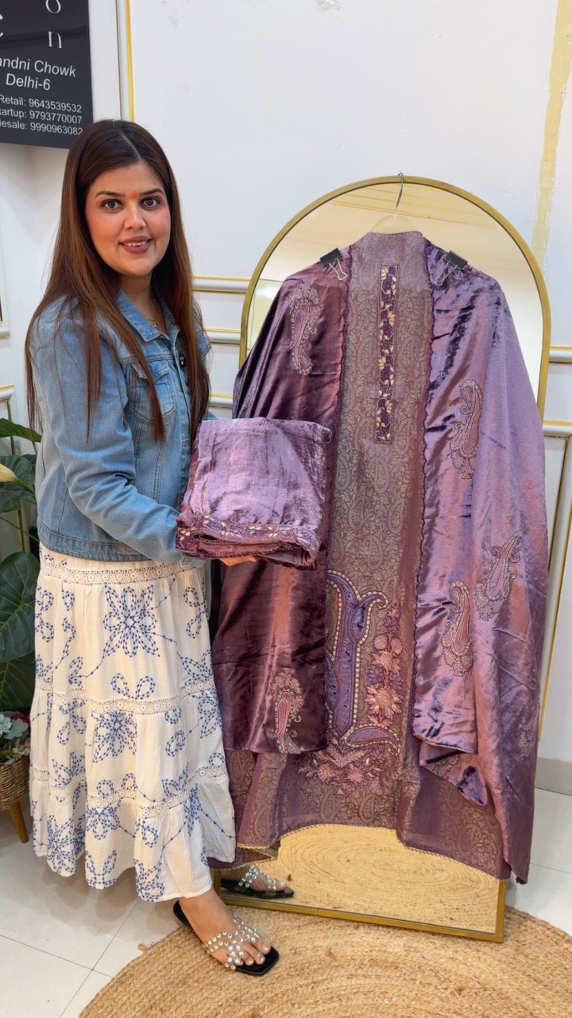 Premium and luxurious Brasso celebrity look suit material with all over applique work along with luxurious velvet dupatta and premium velvet bottom GF795