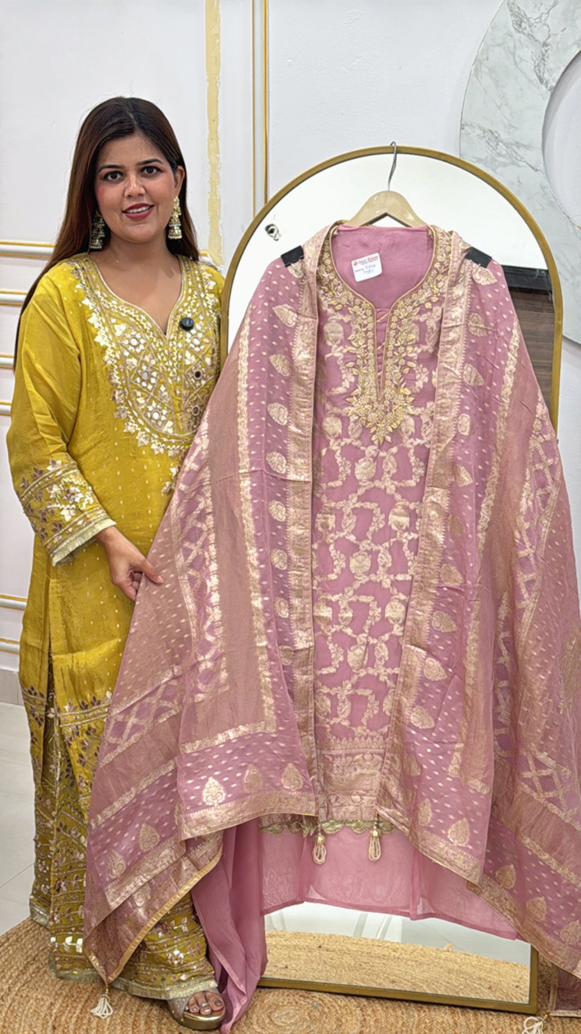 Wedding special partywear full weaved work organza silk shirt with handwork neck along with full length pure weaved dupatta GF479