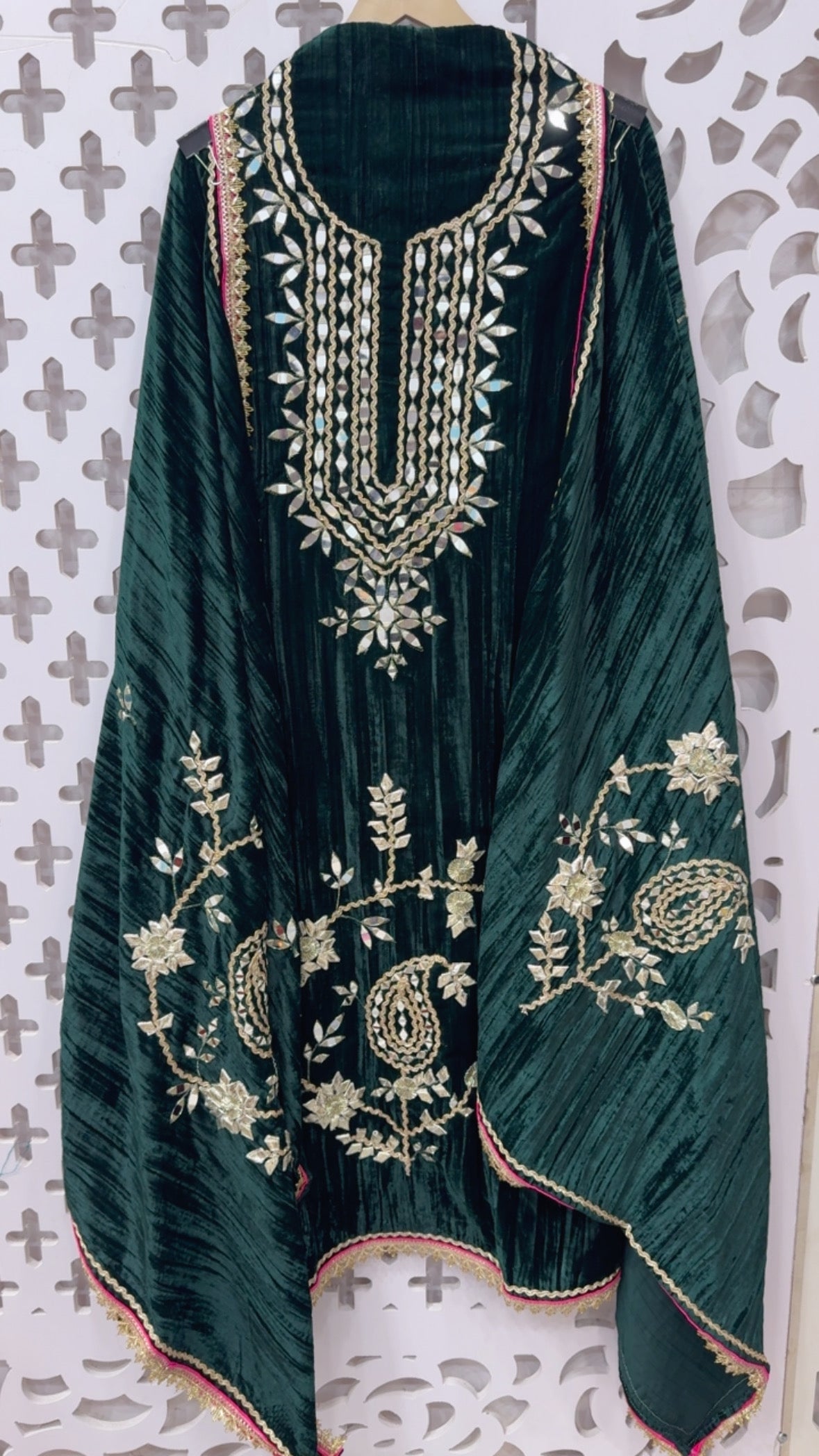 Wedding style partywear velvet suit material full manual handwork mirror leather patch and Gota over crushed velvet along with heavy work velvet dupatta GF825