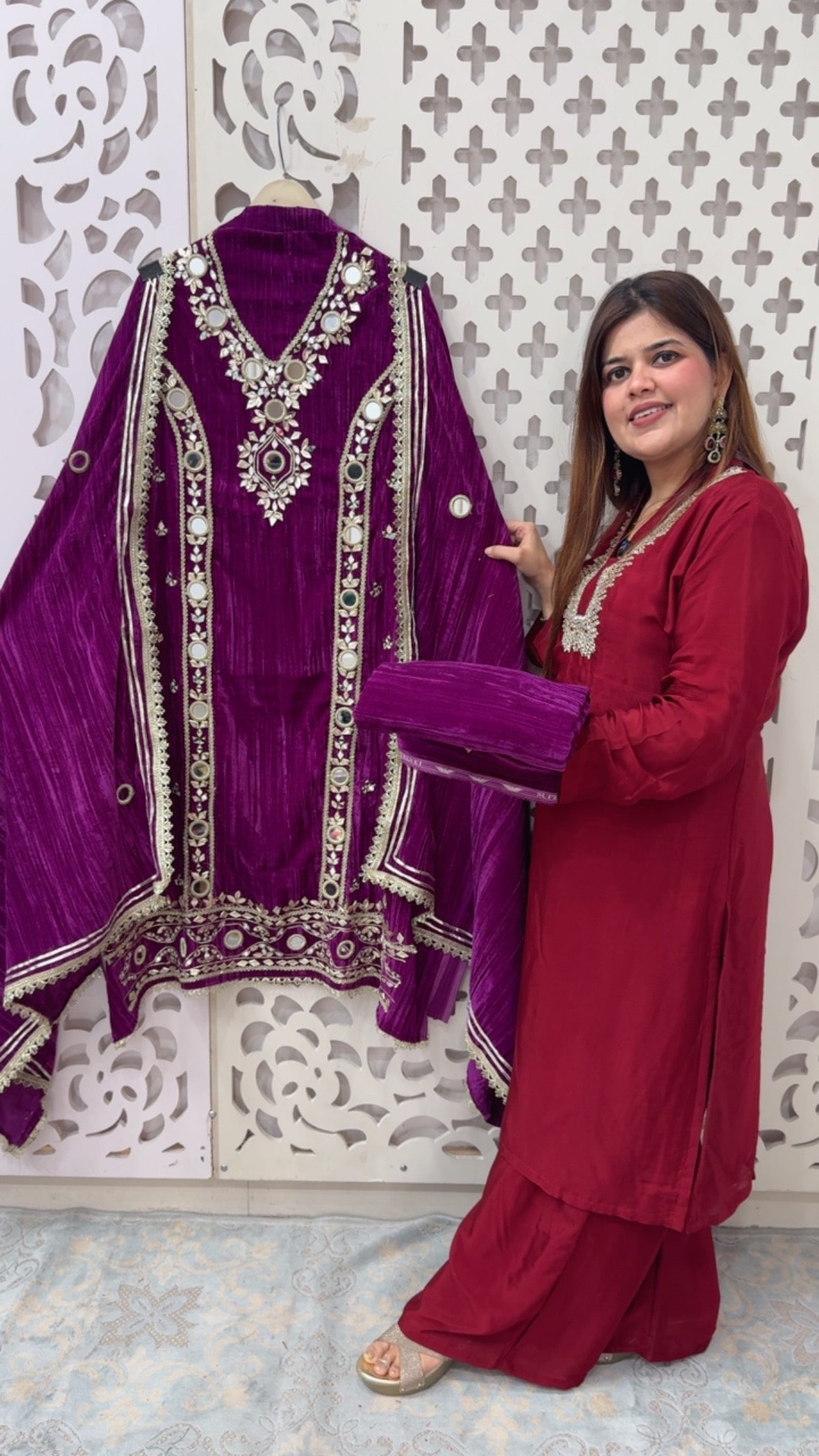Royal Velvet partywear collection over all mirror handwork detailing along with crushed velvet suit material style and Royality GF816
