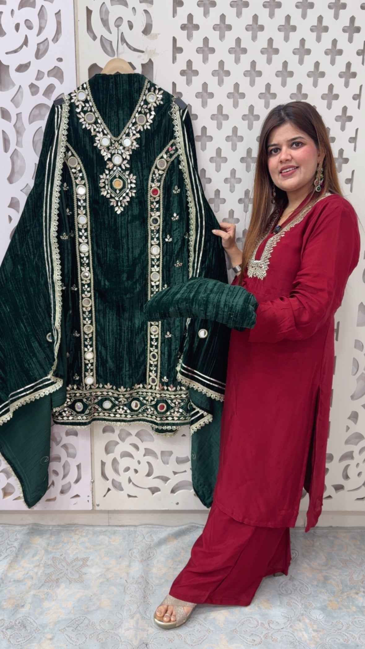 Royal Velvet partywear collection over all mirror handwork detailing along with crushed velvet suit material style and Royality GF816