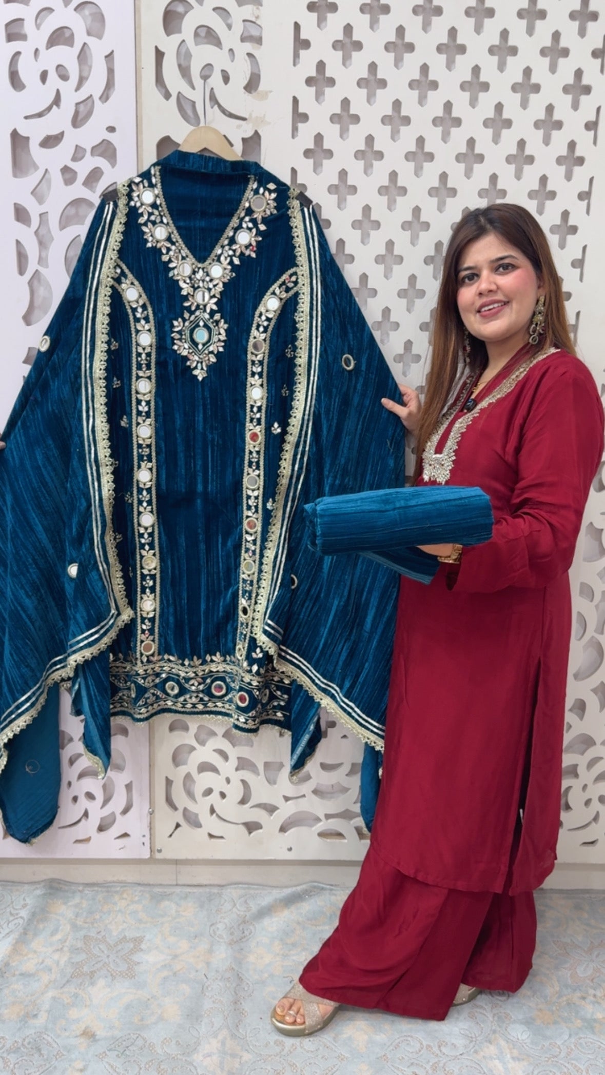 Royal Velvet partywear collection over all mirror handwork detailing along with crushed velvet suit material style and Royality GF816