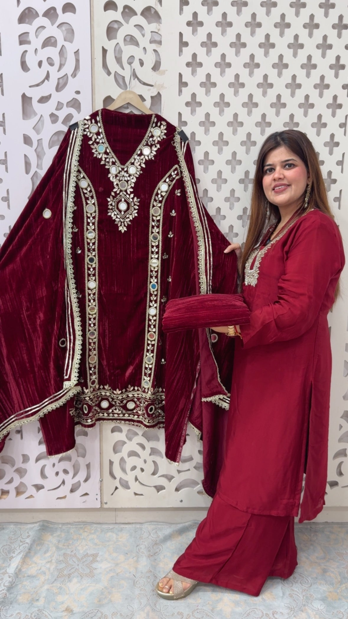 Royal Velvet partywear collection over all mirror handwork detailing along with crushed velvet suit material style and Royality GF816