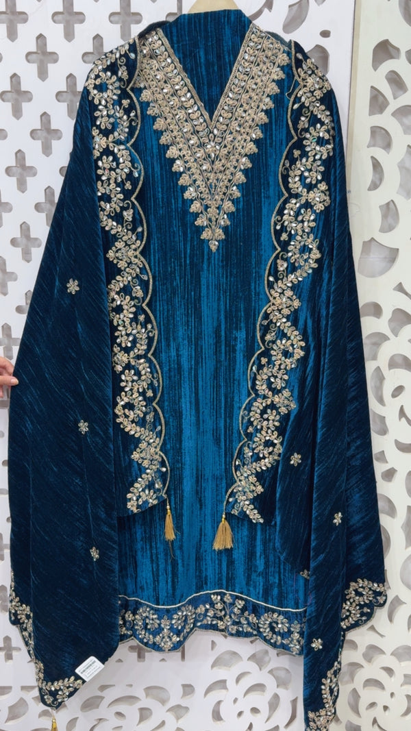 Winter glam partywear crushed velvet full handwork latest premium velvet collection along with work velvet bottom with full  velvet work dupatta GF841