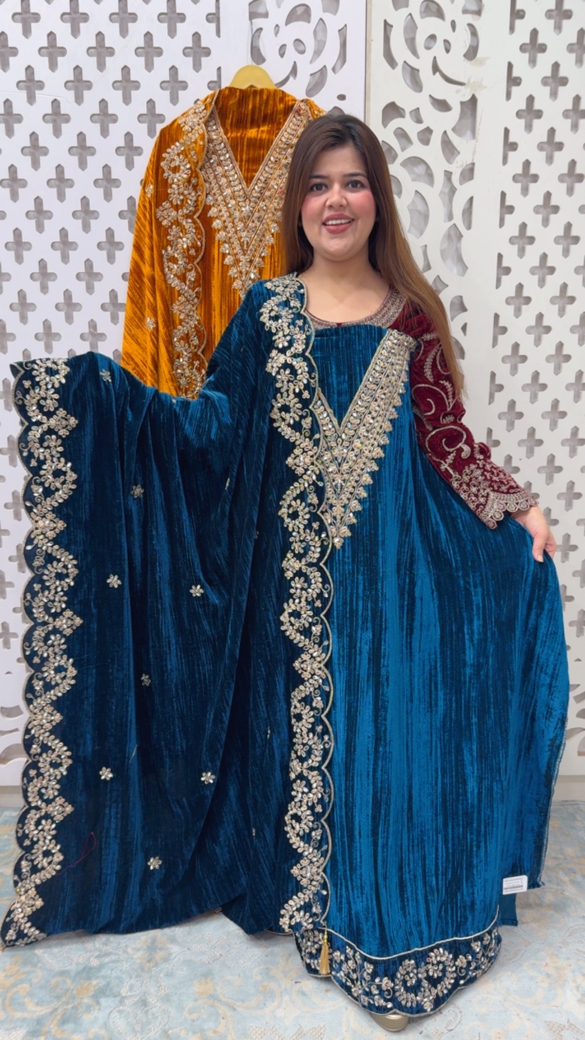 Winter glam partywear crushed velvet full handwork latest premium velvet collection along with work velvet bottom with full  velvet work dupatta GF841