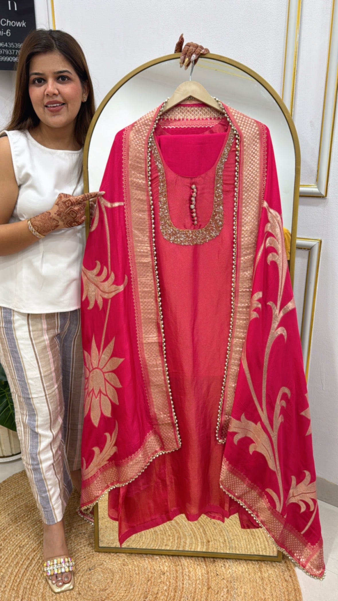 Rakhi Special Pure Shasha Silk Suit Set with Handwork Detailing &amp; Pure Kanjivaram Weaved Dupatta GF 241