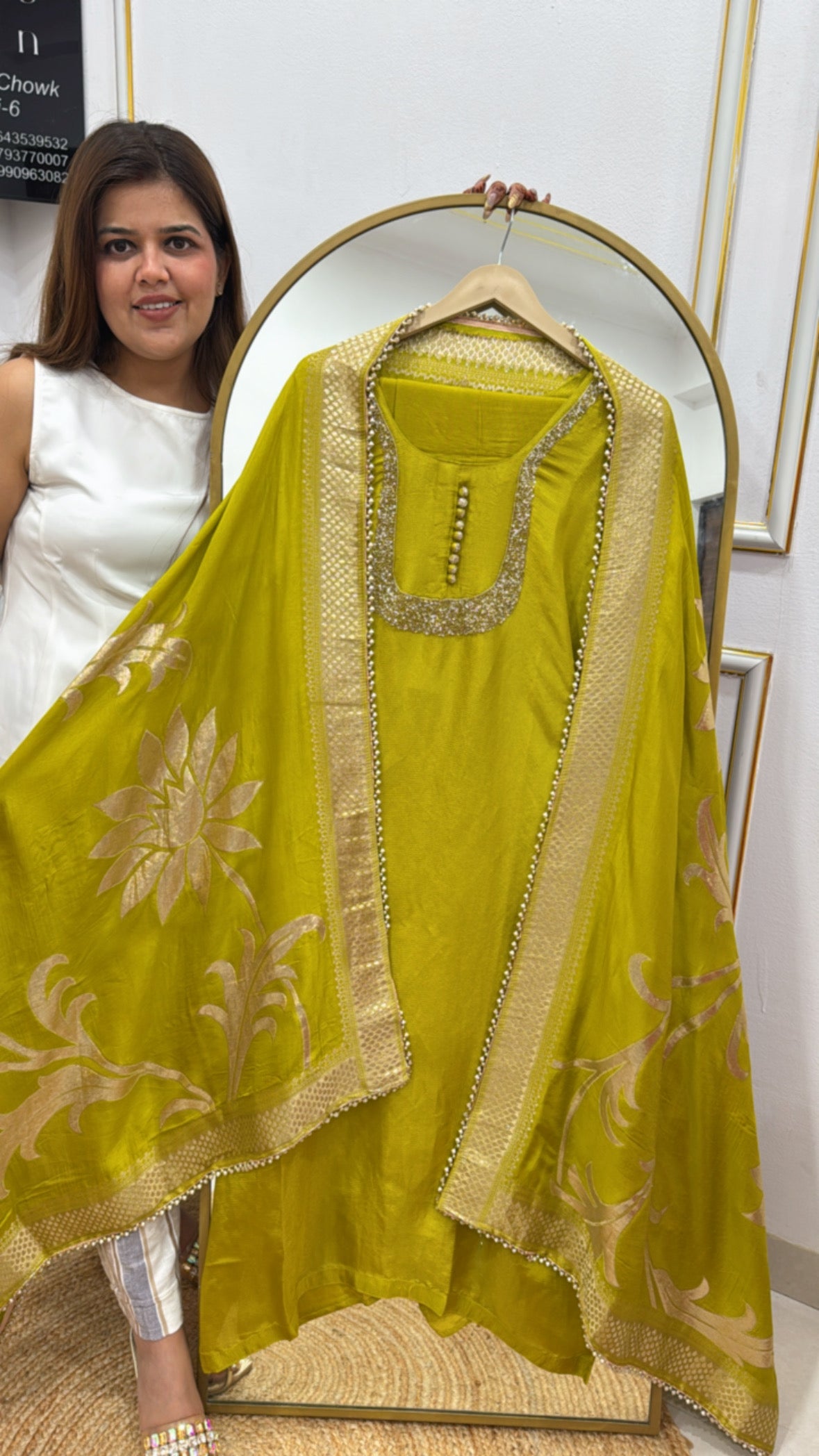 Rakhi Special Pure Shasha Silk Suit Set with Handwork Detailing &amp; Pure Kanjivaram Weaved Dupatta GF 241