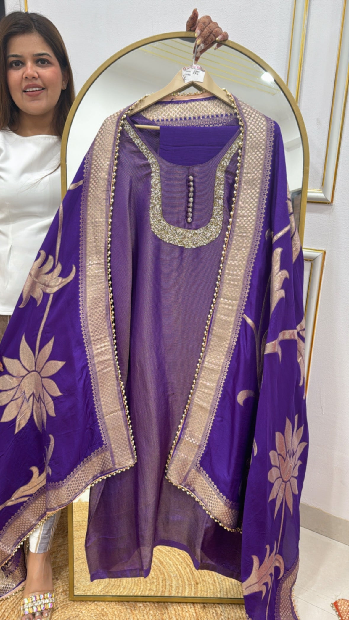 Rakhi Special Pure Shasha Silk Suit Set with Handwork Detailing &amp; Pure Kanjivaram Weaved Dupatta GF 241