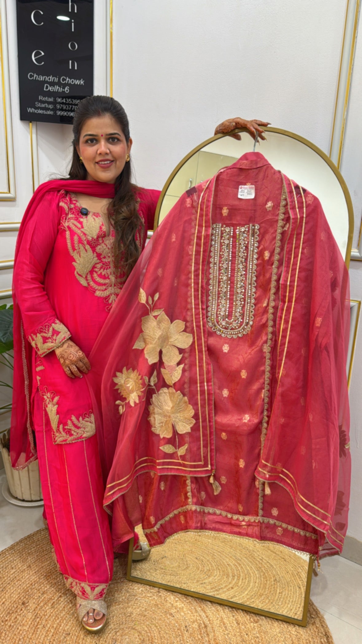 Rakhi Special shimmer Shasha  silk material with unique handwork detailing with chiffon dupatta GF 256