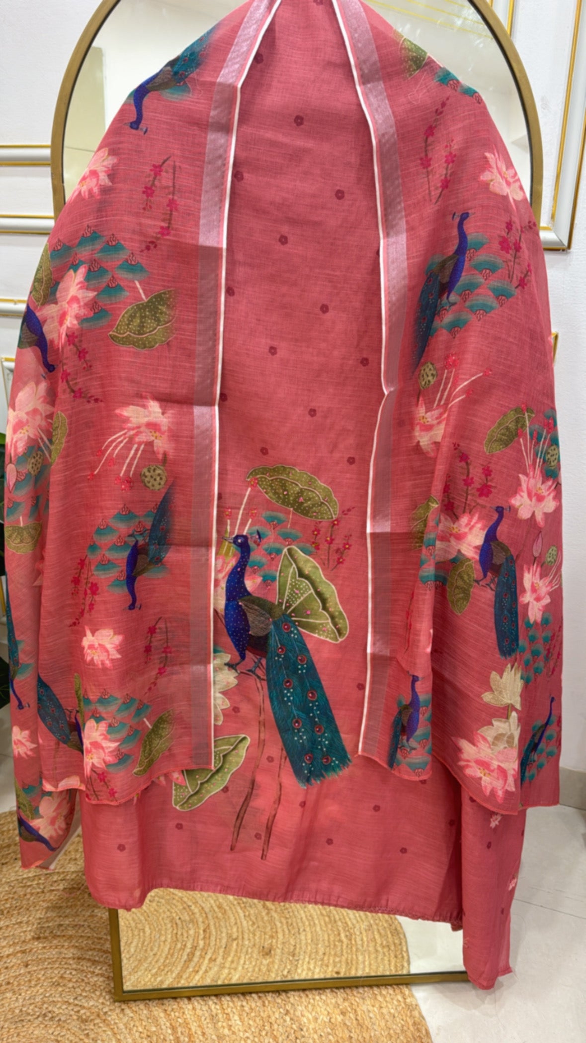 Beautiful peacock prints pure linen material Unstiched suit material GF 258