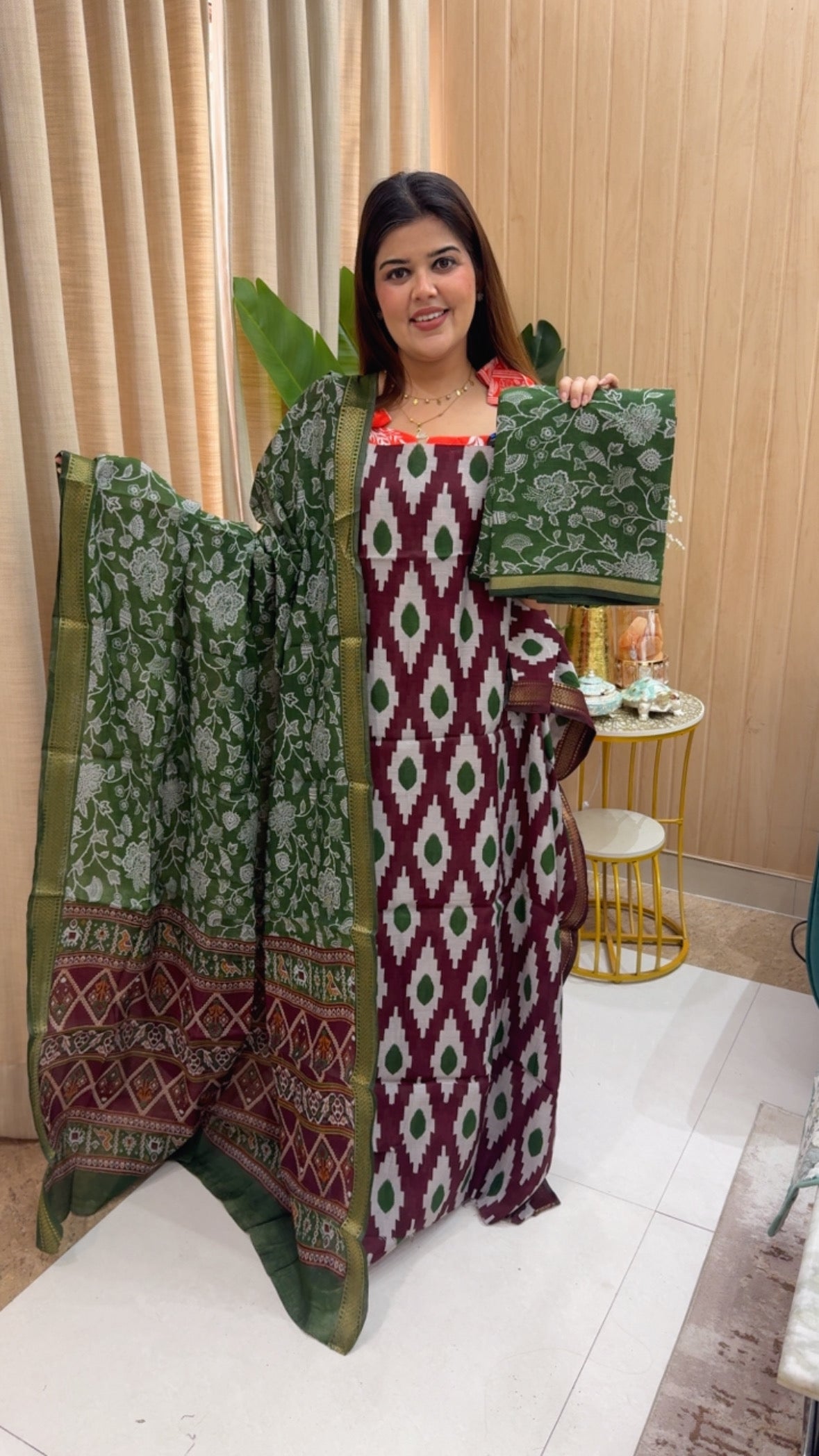 Maheshwari silk Patola Ikkat style printed suit material with unique printed dupatta and beautiful printed bottom GF1165 GREEN WITH RED