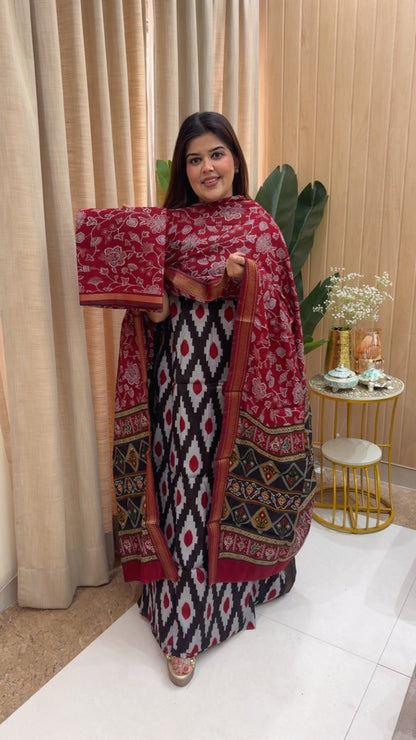 Maheshwari silk Patola Ikkat style printed suit material with unique printed dupatta and beautiful printed bottom GF1165