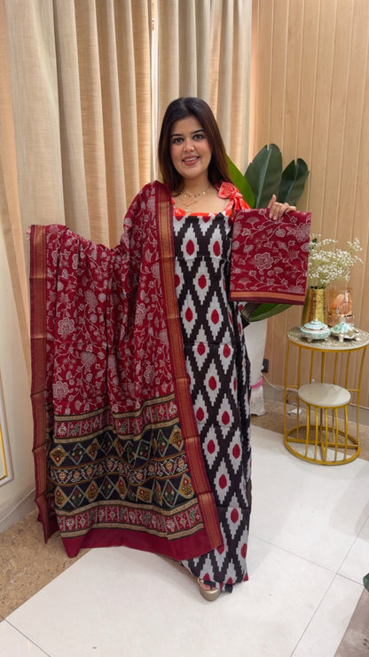 Maheshwari silk Patola Ikkat style printed suit material with unique printed dupatta and beautiful printed bottom GF1165 BLACK WITH RED