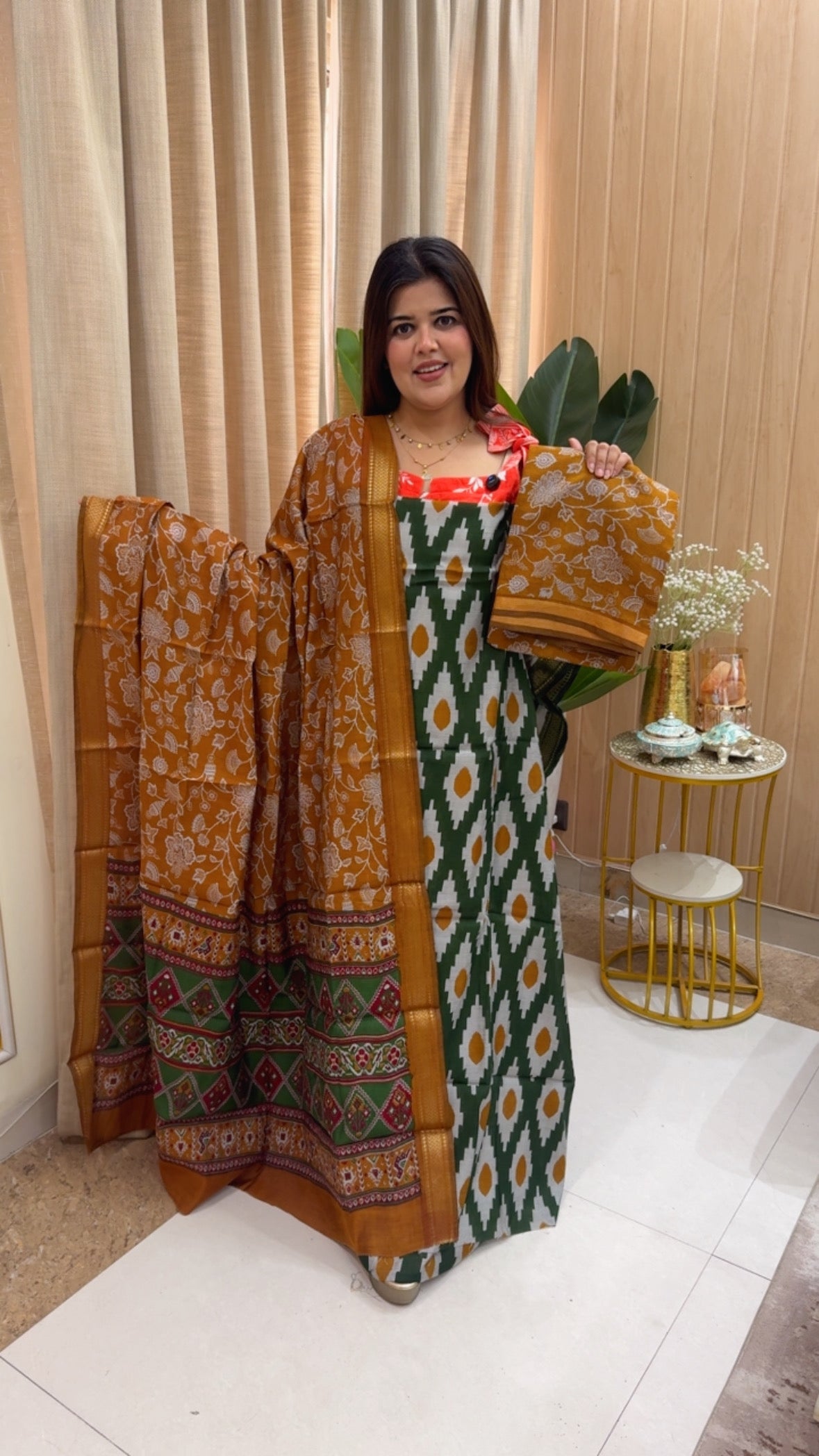 Maheshwari silk Patola Ikkat style printed suit material with unique printed dupatta and beautiful printed bottom GF1165 GREEN WITH GOLDEN YELLOW