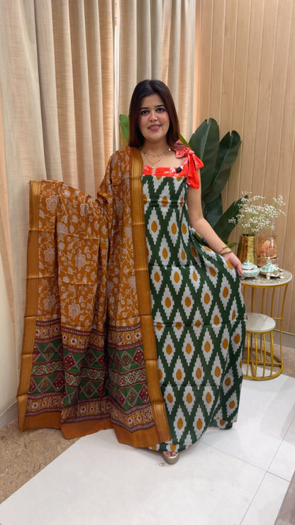 Maheshwari silk Patola Ikkat style printed suit material with unique printed dupatta and beautiful printed bottom GF1165