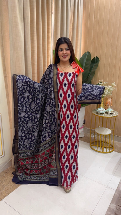 Maheshwari silk Patola Ikkat style printed suit material with unique printed dupatta and beautiful printed bottom GF1165 RED WITH BLUE
