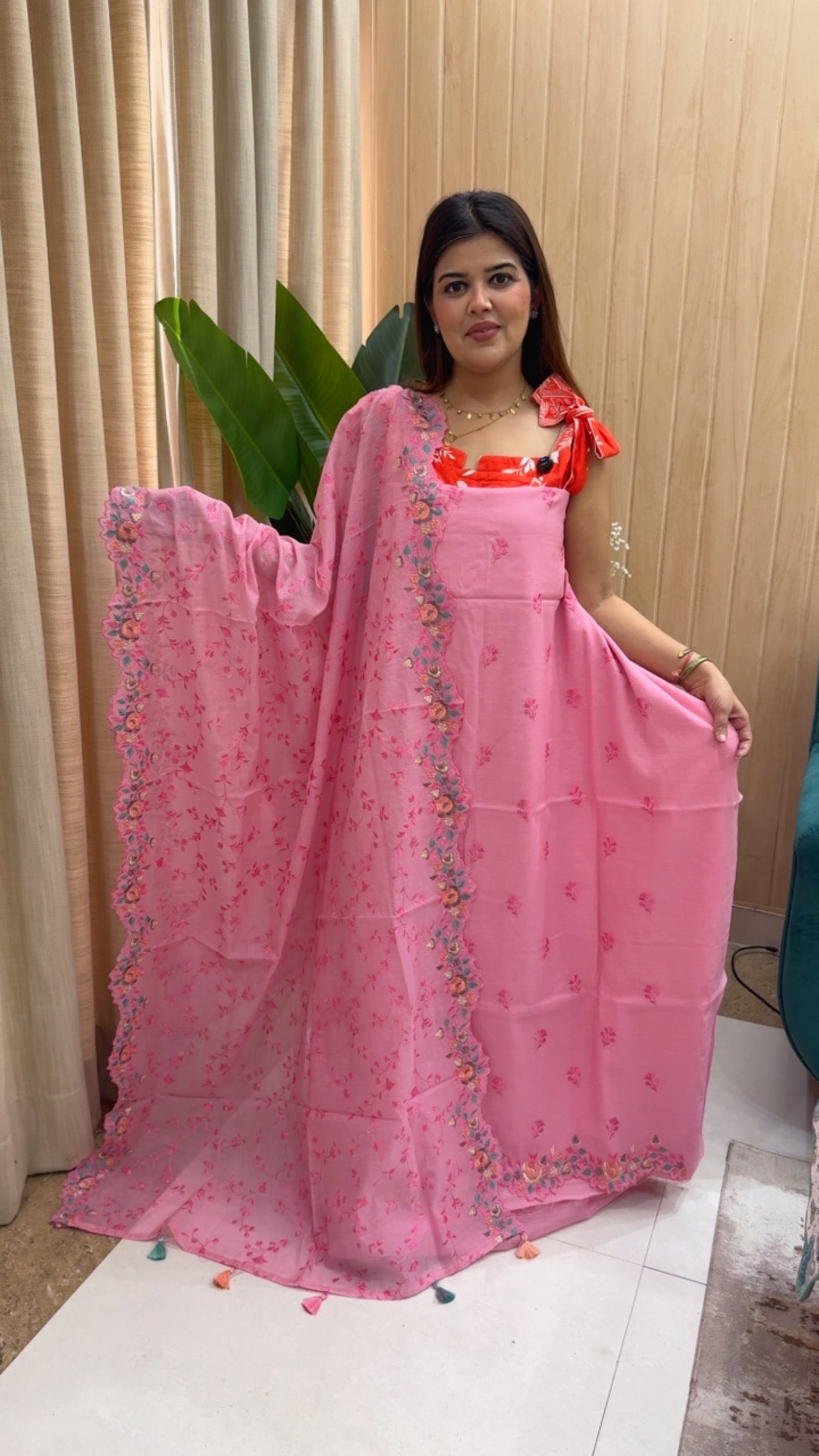 Classy and royal pure cotton Mul Chanderi suit material with unique scalped multithread work and scalped full embroidery dupatta GF1168 Blushing Pink