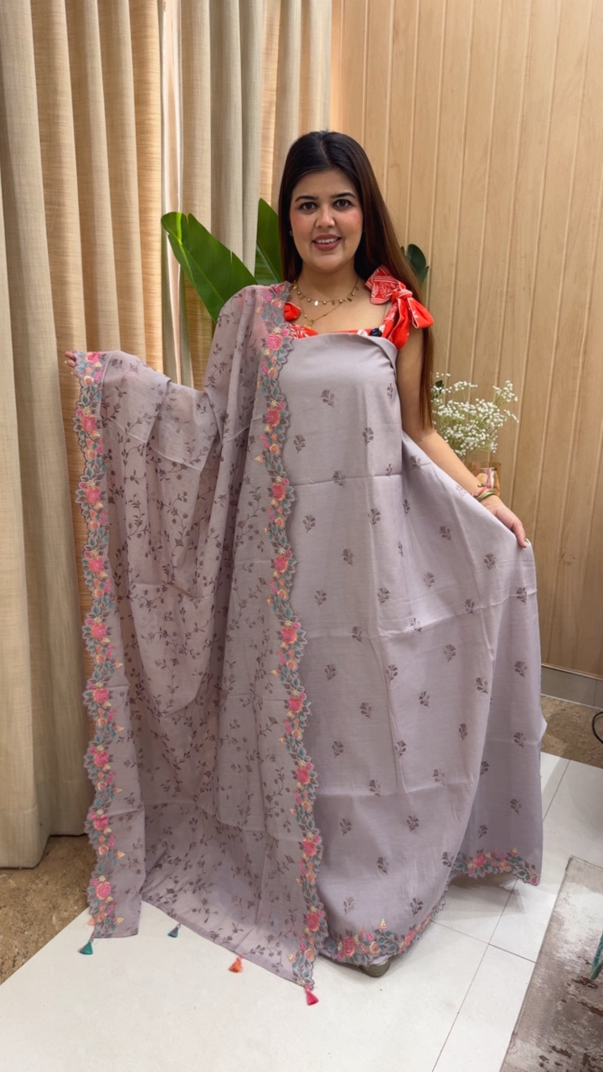 Classy and royal pure cotton Mul Chanderi suit material with unique scalped multithread work and scalped full embroidery dupatta GF1168 Mushroom Beige