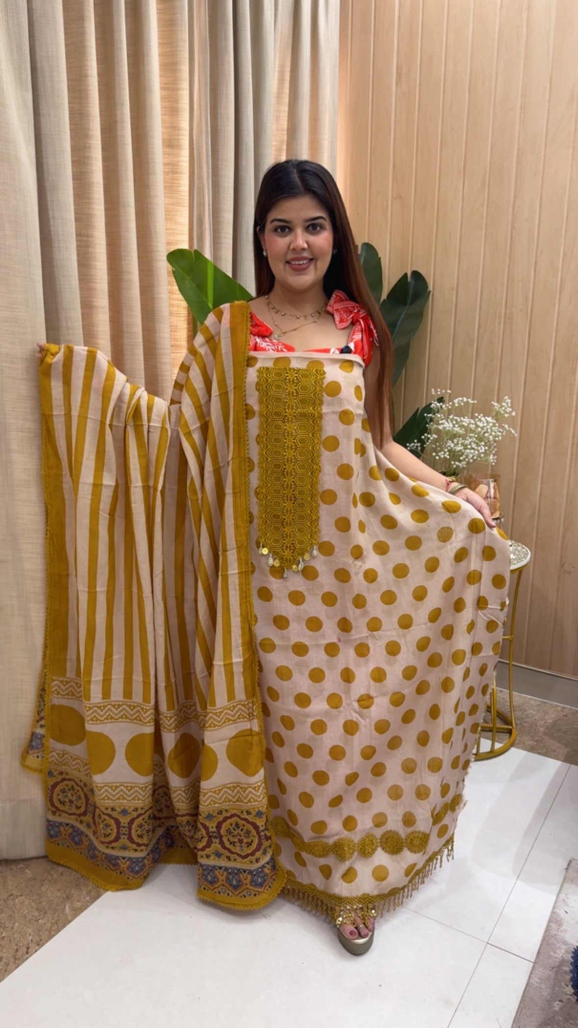 Polka style pure Mul Mul super trending and classic summer special suit material with polka style printed dupatta GF1167 Golden Yellow