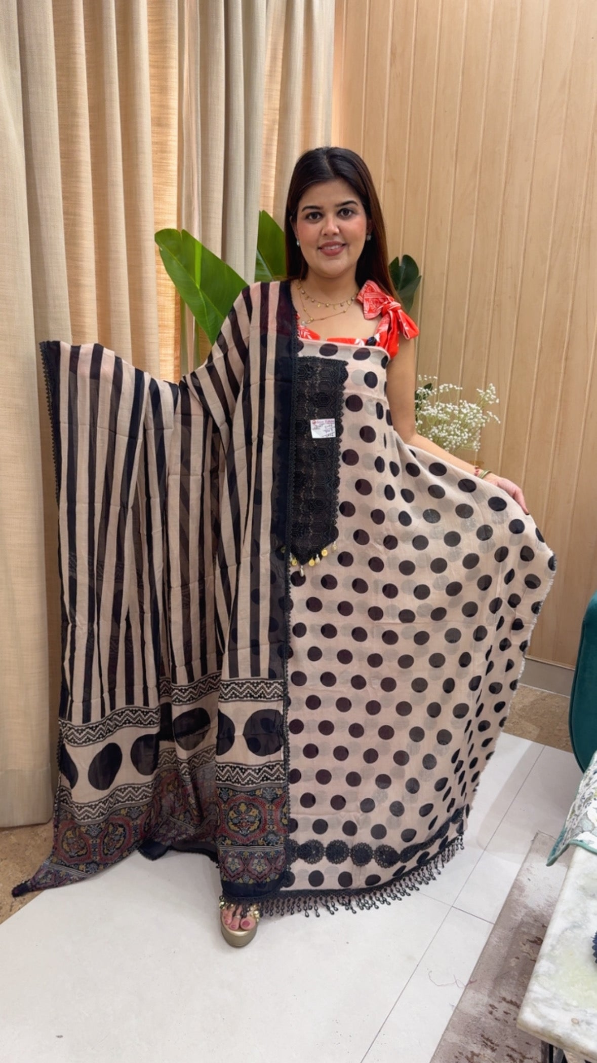 Polka style pure Mul Mul super trending and classic summer special suit material with polka style printed dupatta GF1167 Midnight Black