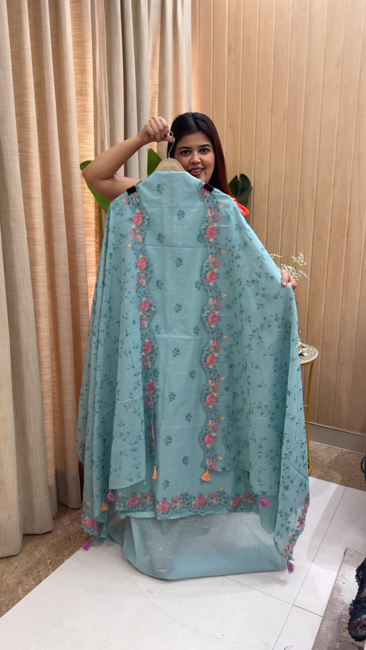 Classy and royal pure cotton Mul Chanderi suit material with unique scalped multithread work and scalped full embroidery dupatta GF1168 Soft Blue