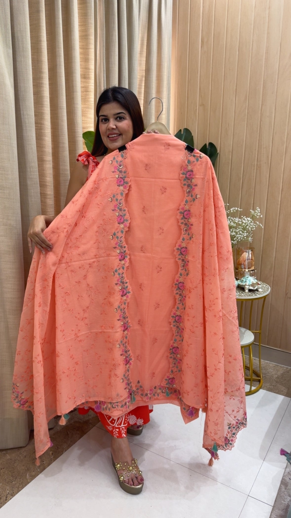 Classy and royal pure cotton Mul Chanderi suit material with unique scalped multithread work and scalped full embroidery dupatta GF1168 Peach