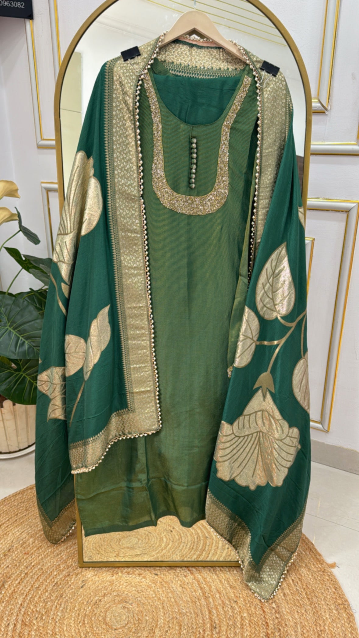 Rakhi Special Pure Shasha Silk Suit Set with Handwork Detailing & Pure Kanjivaram Weaved Dupatta GF 321