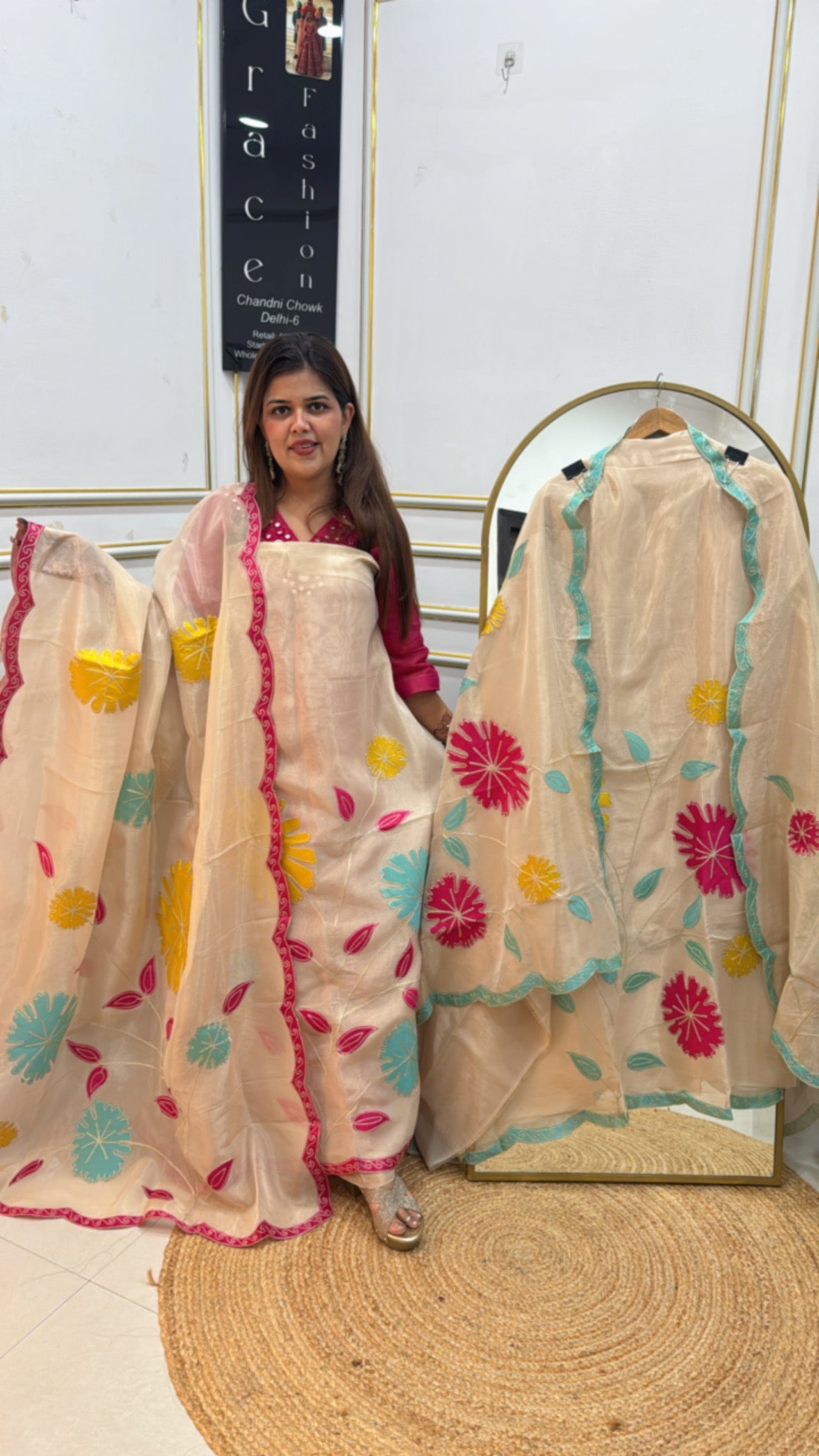 Pure golden ivory shimmer silk designer suit material  GF 397