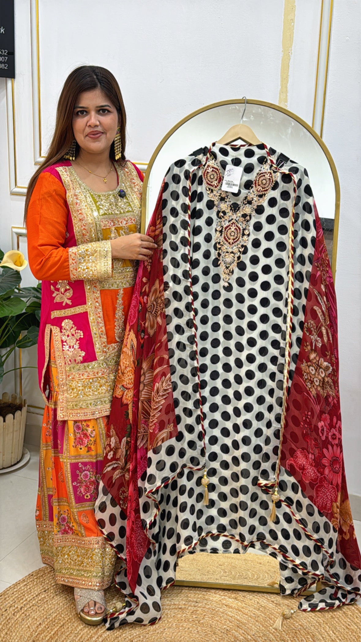 Premium pure Organzza silk printed polka celebrity style suit material along with royal zari detailing over neck work with lovely super soft organza digital printed duapatta GF 483