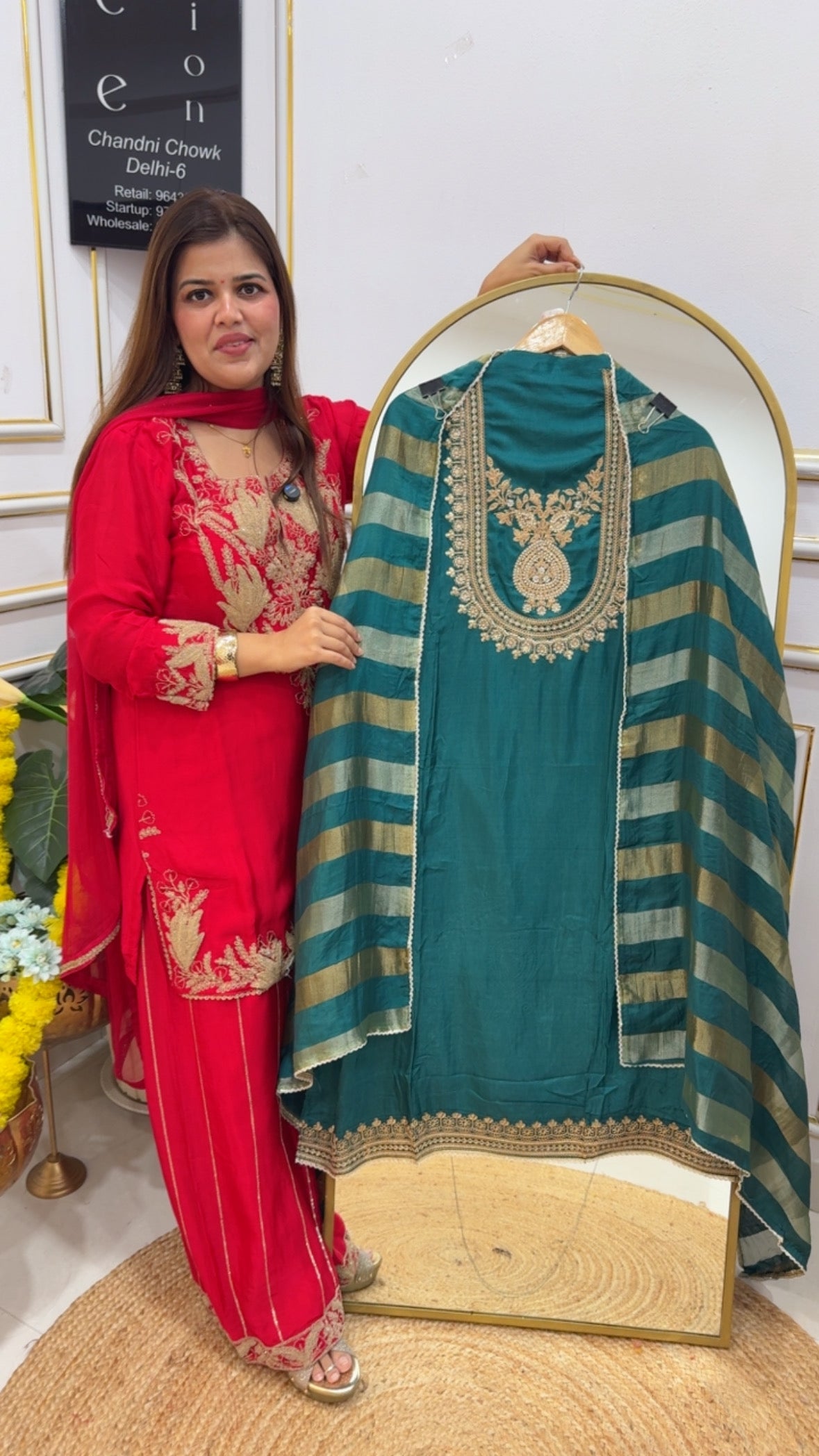 Designer neck pattern premium pure raw silk partywear dress material with Burberry silk dupatta GF 686