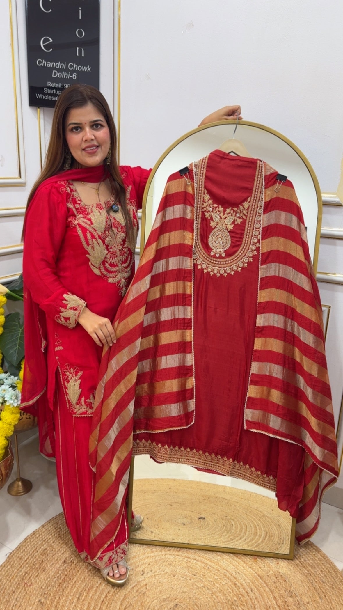 Designer neck pattern premium pure raw silk partywear dress material with Burberry silk dupatta GF 686