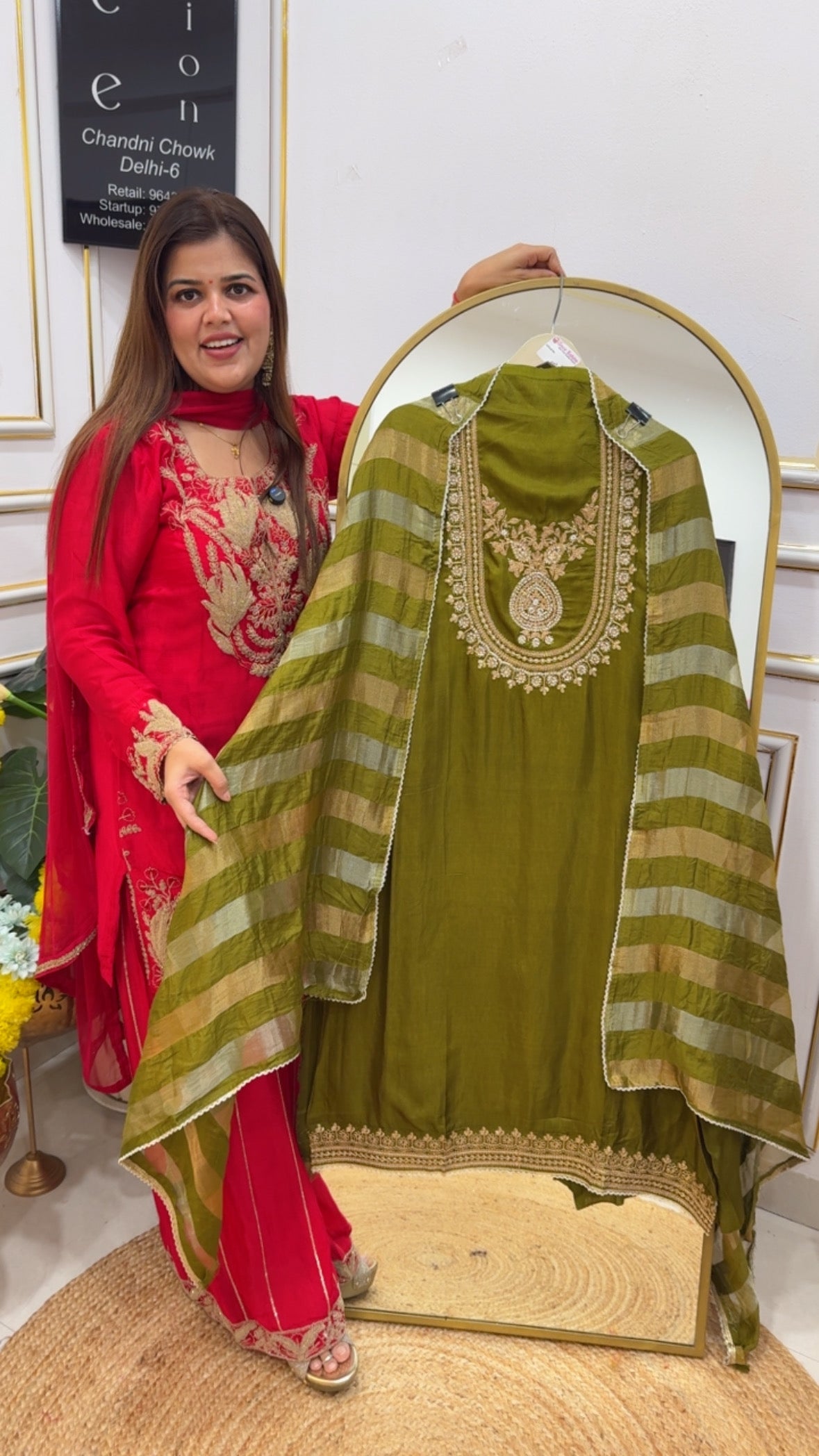 Designer neck pattern premium pure raw silk partywear dress material with Burberry silk dupatta GF 686