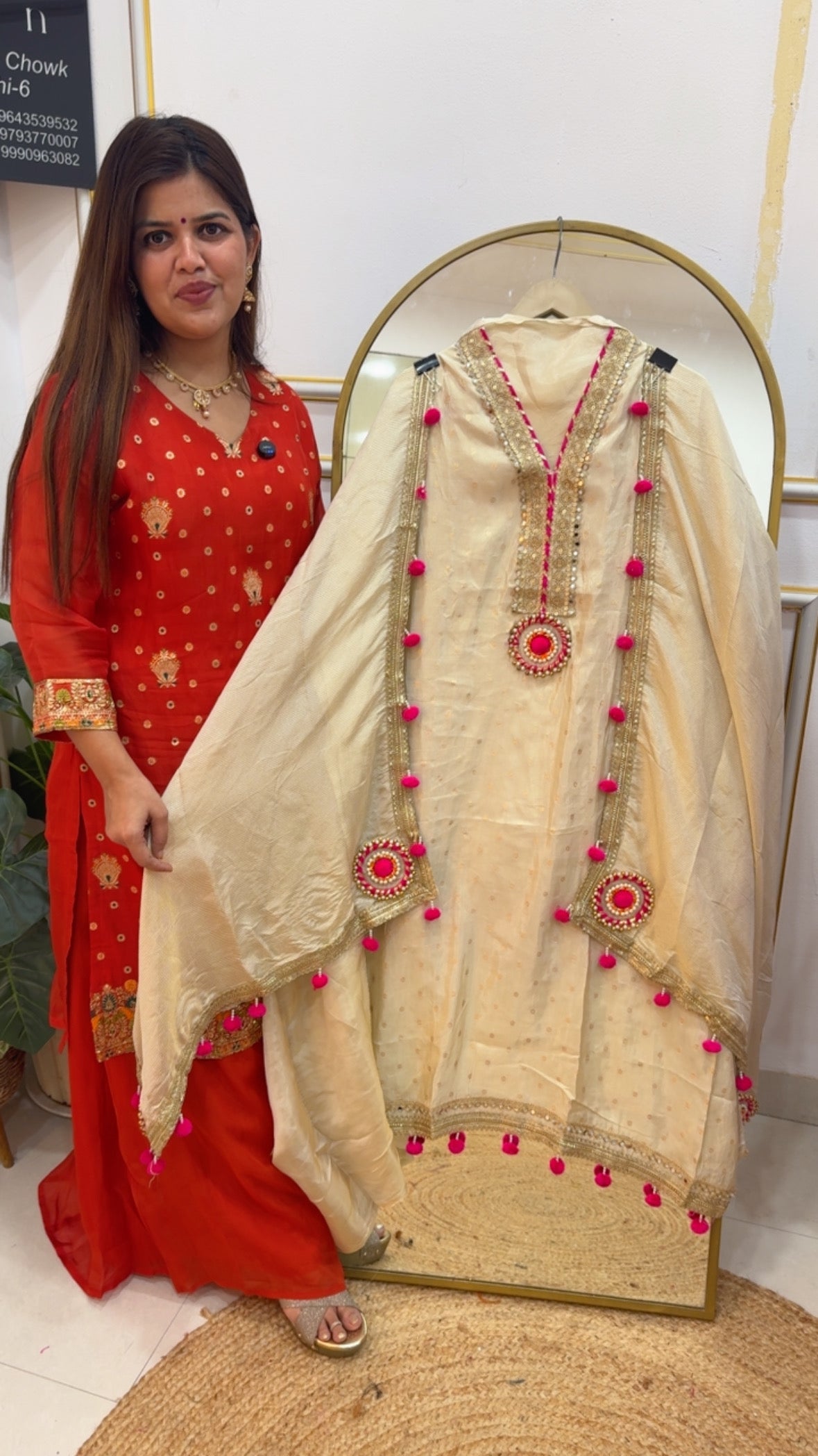 Beautiful golden ivory with designer neck work detailing Burberry silk suit material with all over Pom Pom detailing GF785