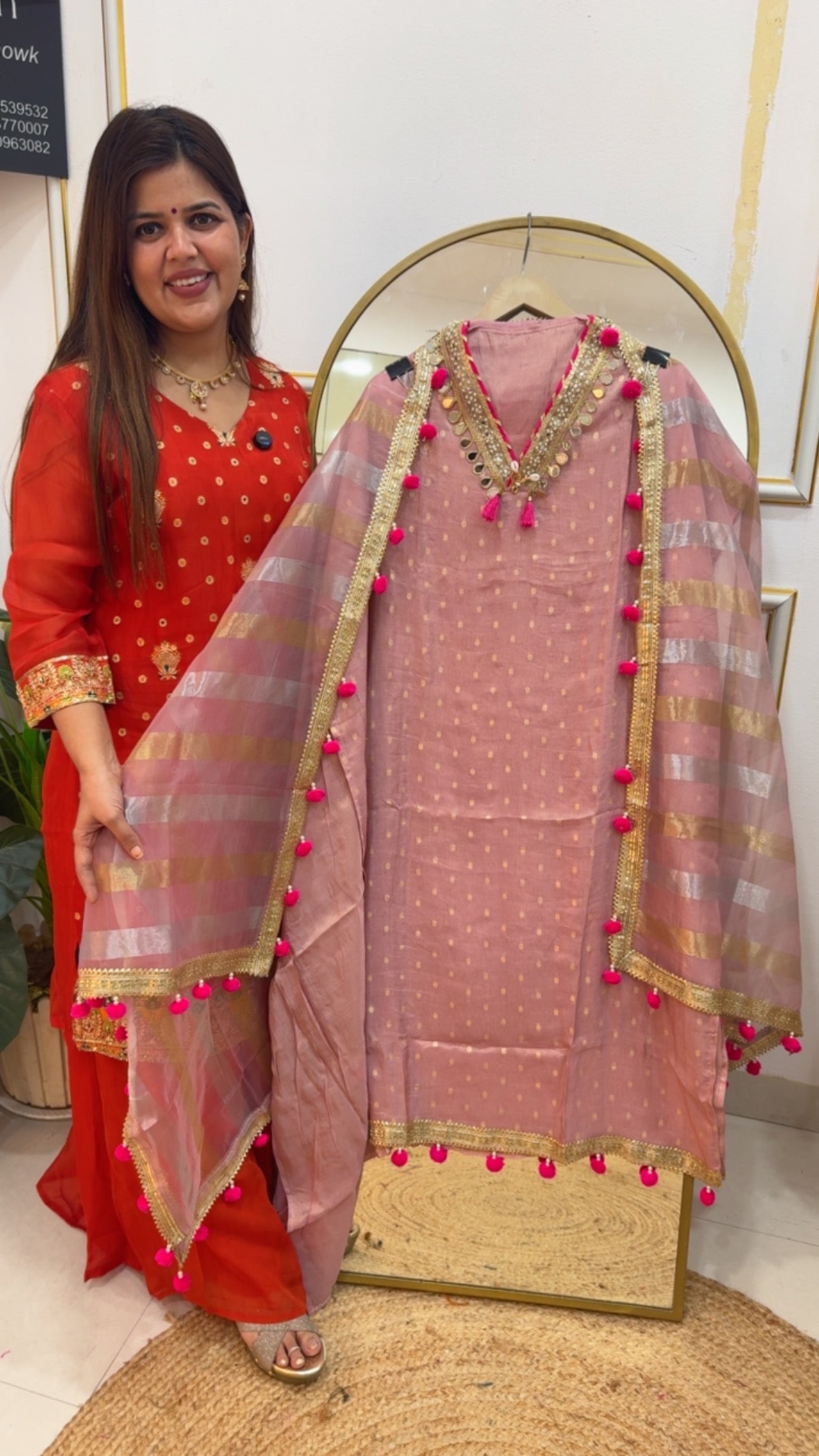 Beautiful golden ivory with designer neck work detailing Burberry silk suit material with all over Pom Pom detailing GF785