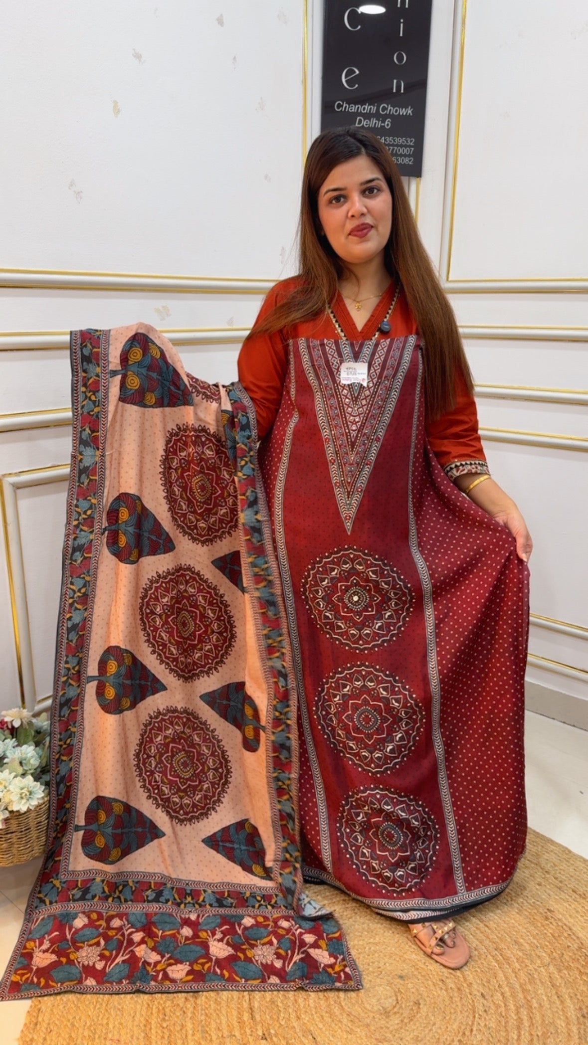 Summer friendly premium muslin digital printed suit material along with hand katha work at neck with muslin printed dupatta GF1074 RUST WITH BEIGE