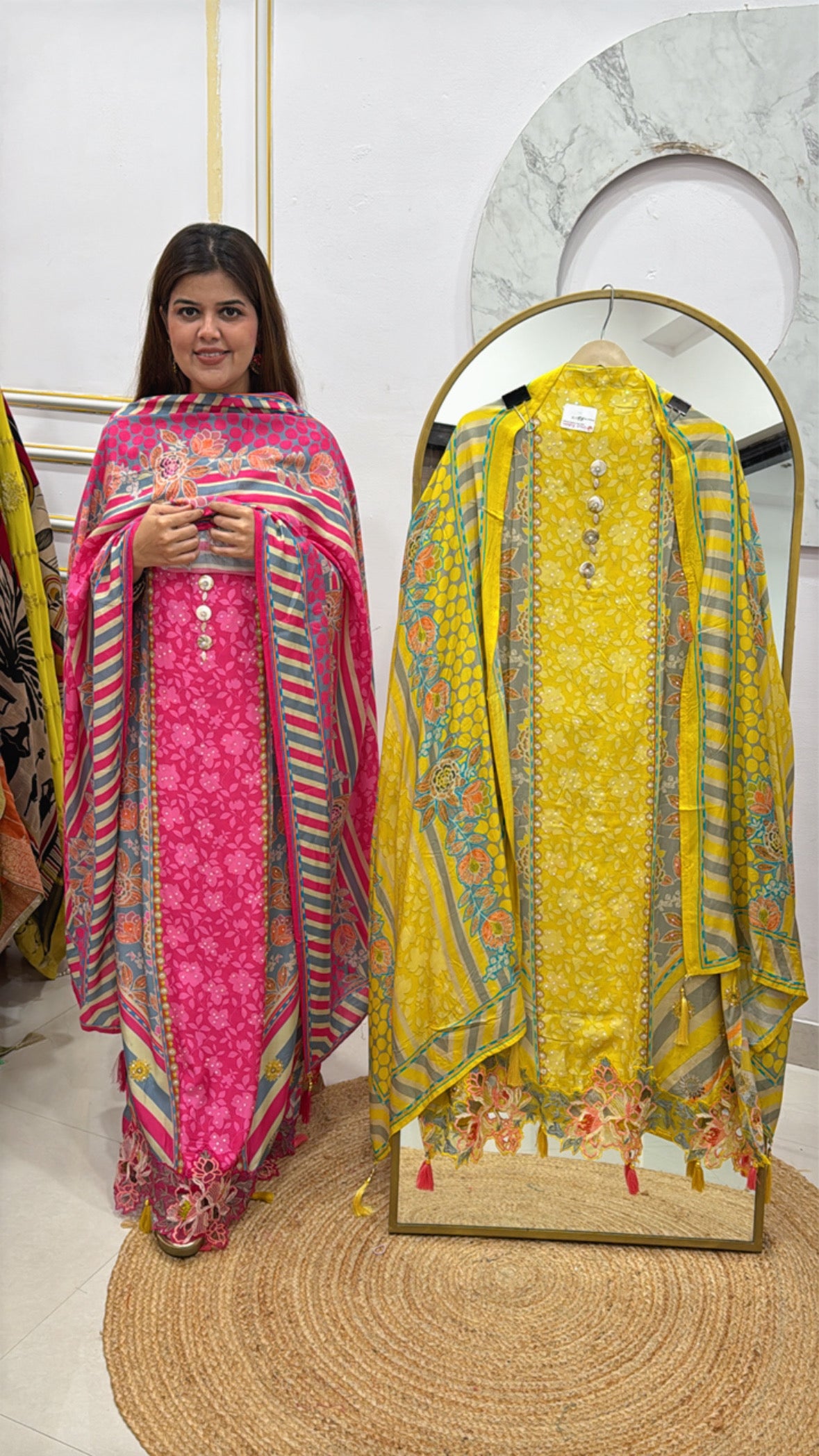 Stylish and comfortable pure super soft digital muslin suit material along with muslin dupatta and designer ghera work GF498