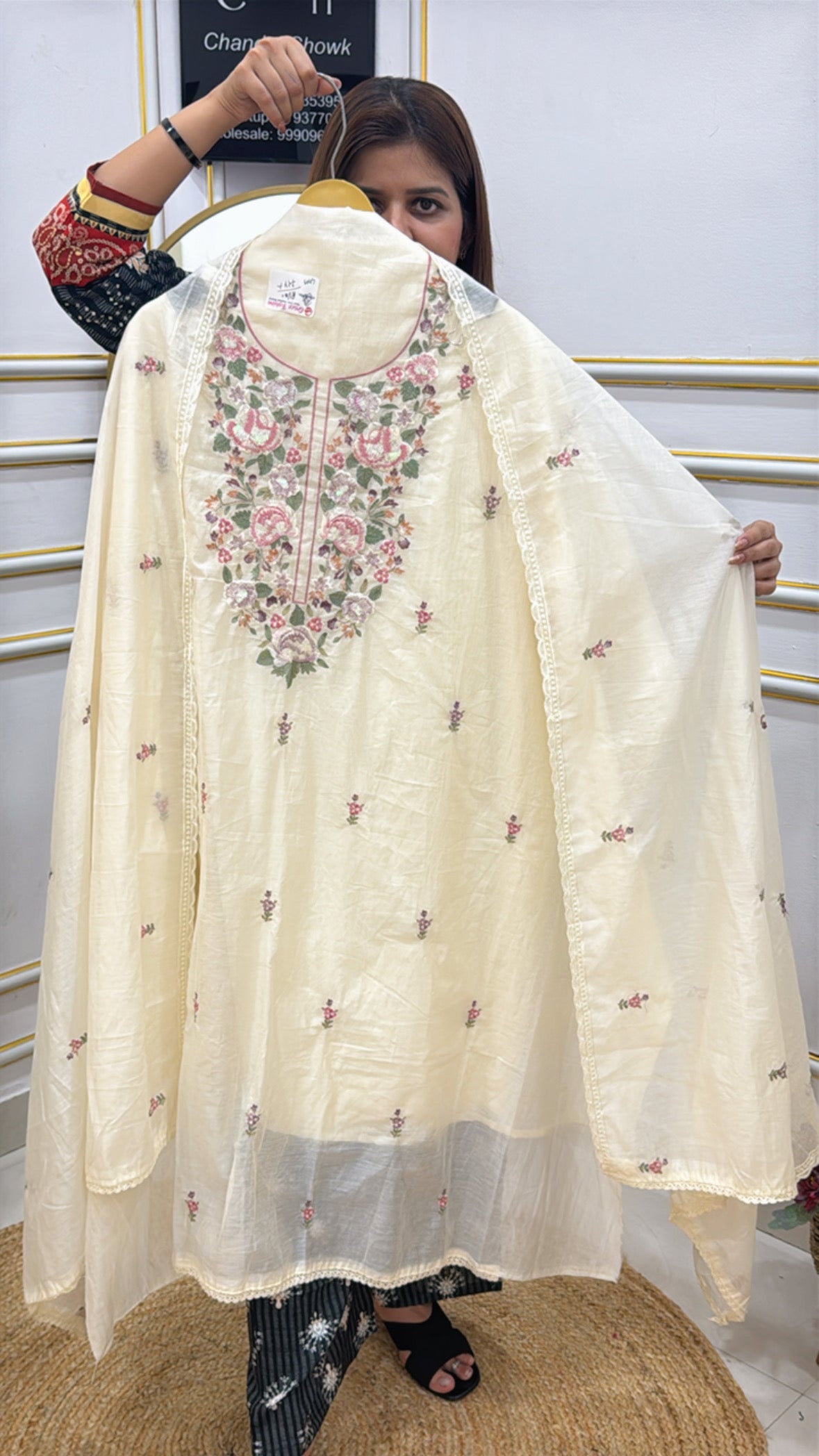 Elegant Boho Persian unstitched suit featuring floral embroidery and a sheer dupatta for a stylish look