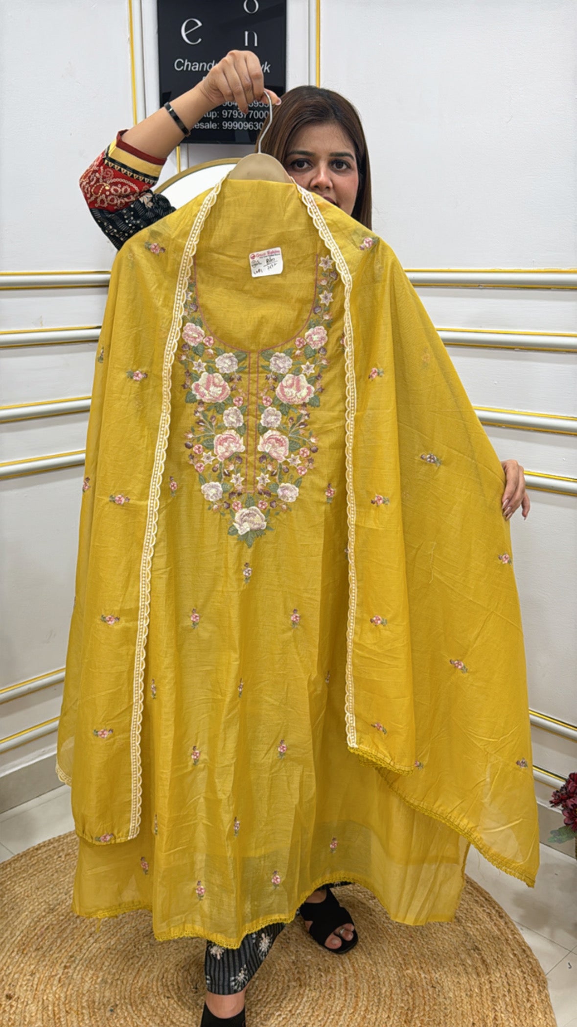 Stylish boho Persian unstitched suit in vibrant yellow with floral embroidery and light fabric