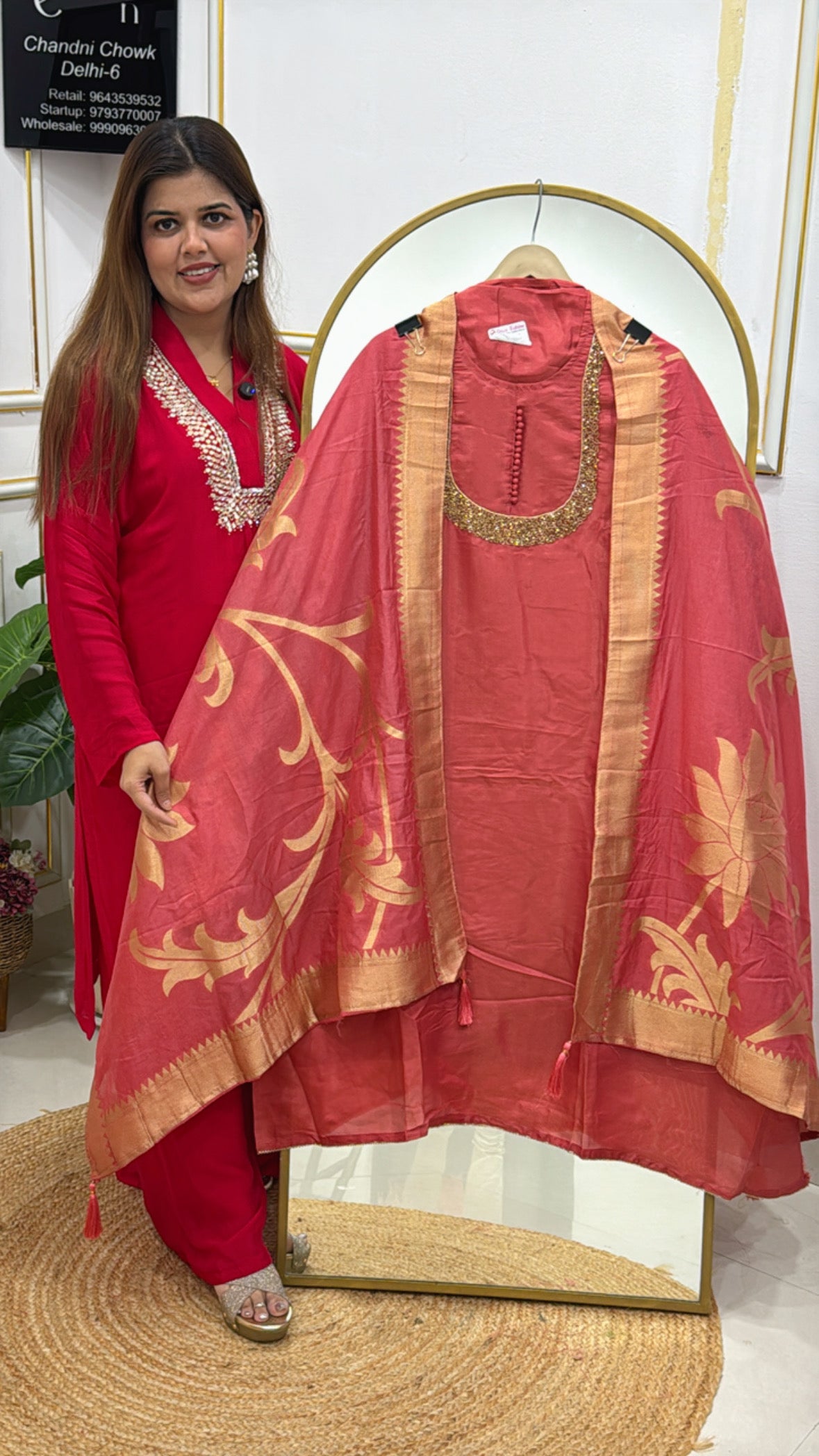 Pure Soft Shimmer Silk Shirt with Handwork Neck &amp; Weaved Banarasi Dupatta GF 525