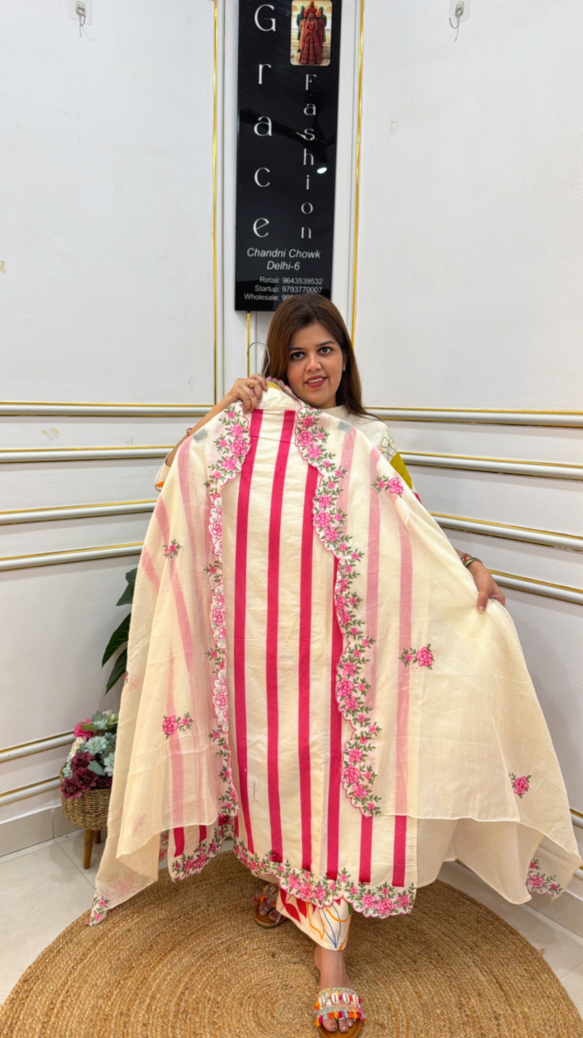 Elegant cream cover-up with pink stripes and floral embroidery from The Grace Fashion