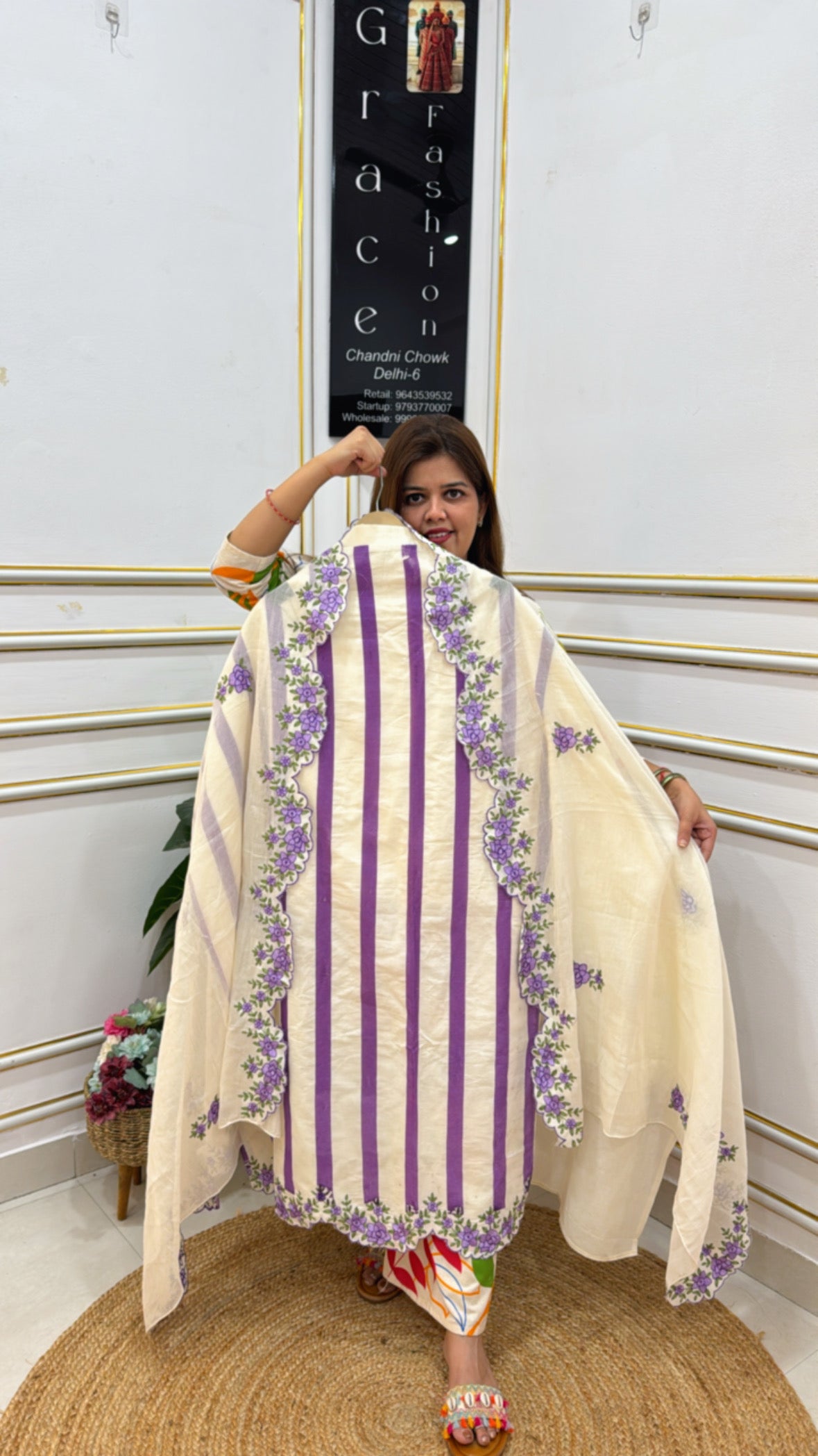 Elegant cream and purple striped unstitched outfit from The Grace Fashion with floral embroidery