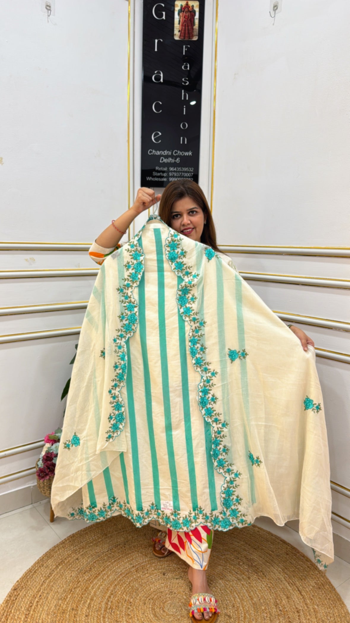Elegant cream-colored dupatta with turquoise stripes and floral embroidery from The Grace Fashion