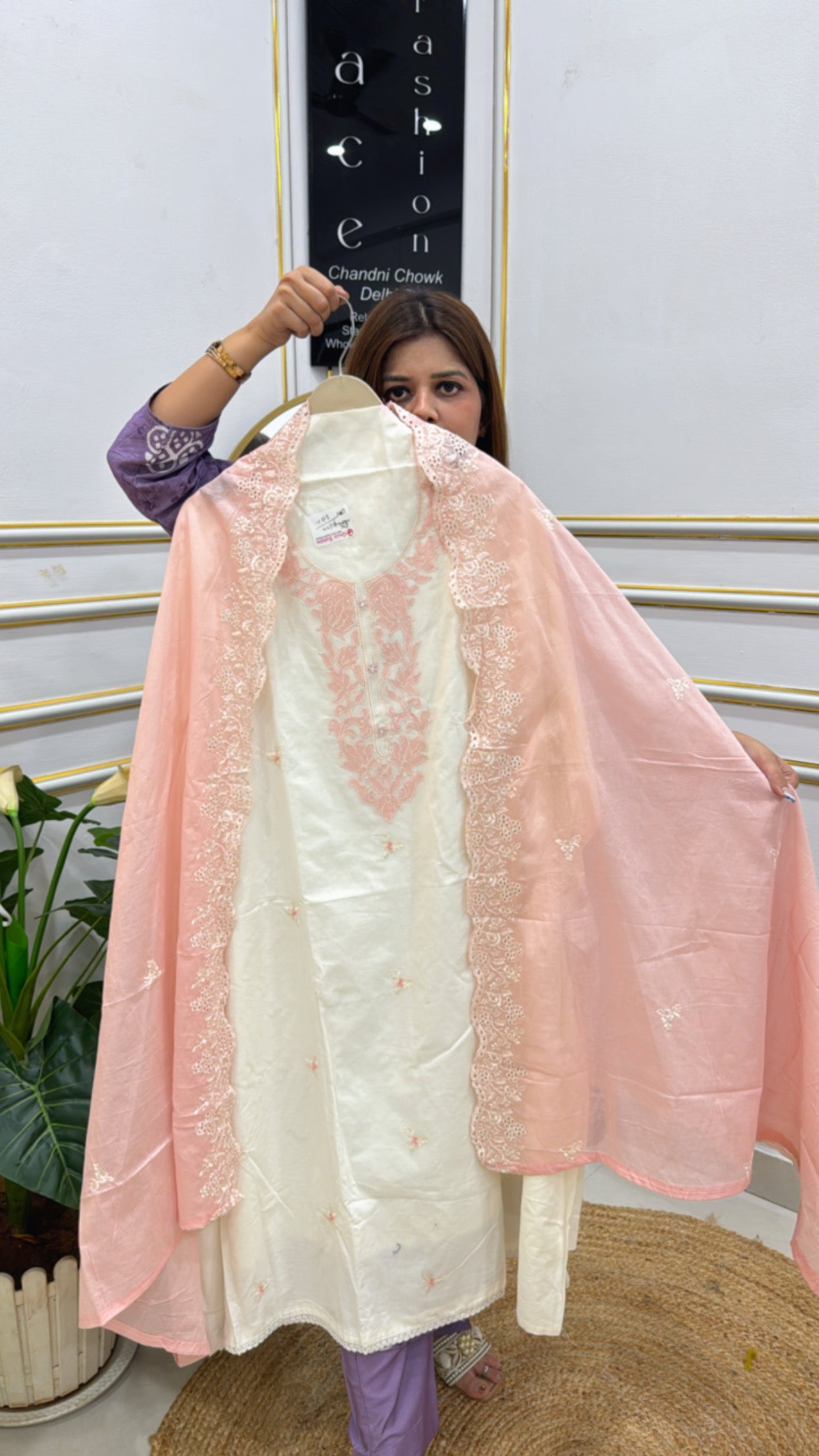 The Grace Fashion Cotton Applique Neck Suit in Cream with Elegant Pink Dupatta for Stylish Occasions