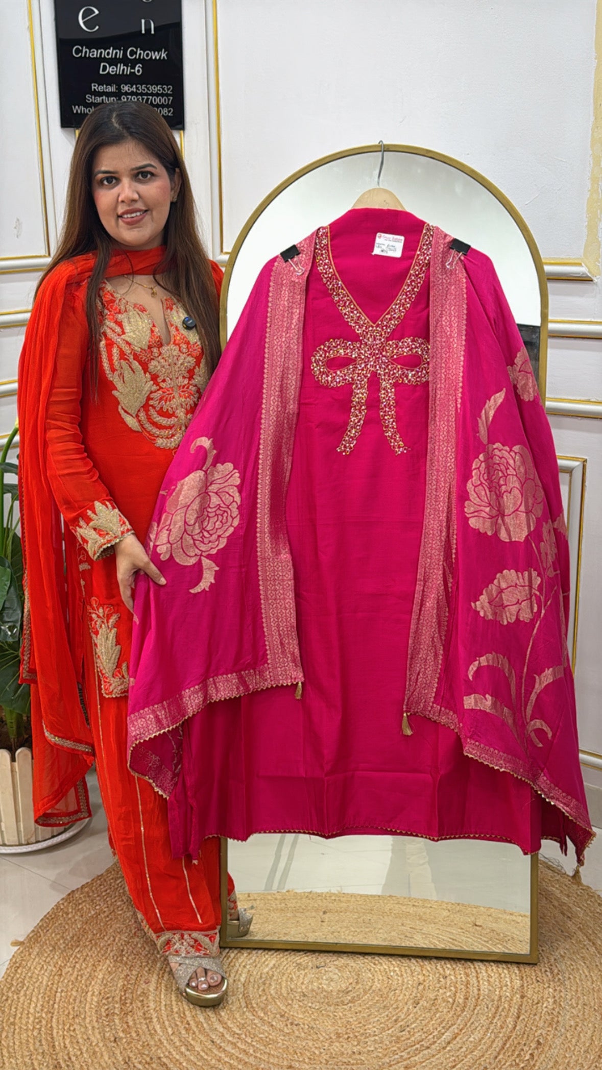 Heavy linen silk suit material with handwork neck along with cotton silk weaved dupatta GF499