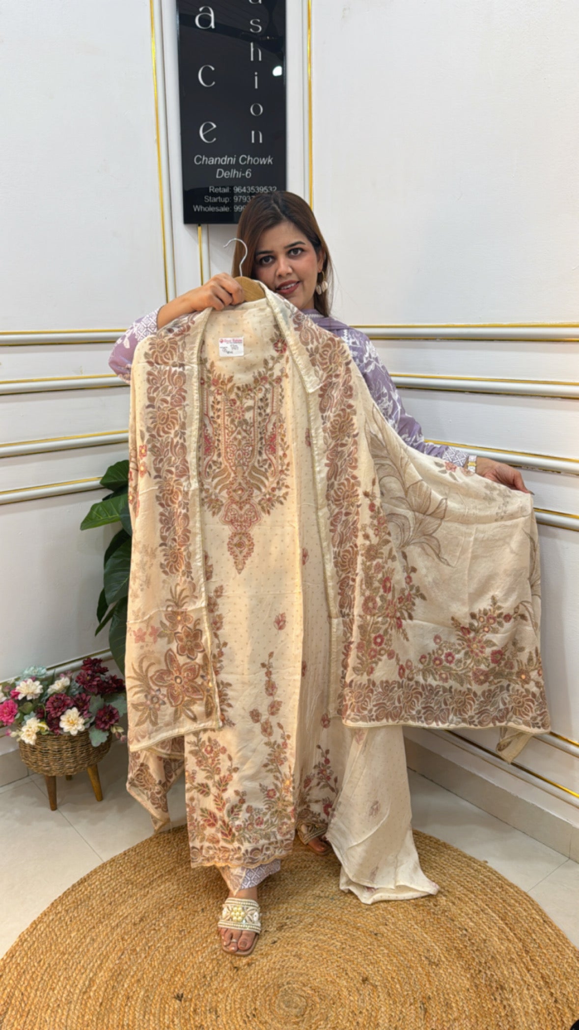 Elegant embroidered shawl from The Grace Fashion in soft beige with floral designs, ideal for special occasions