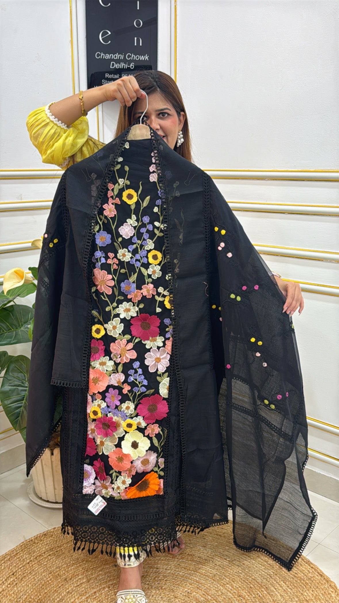Black Embroidered Chanderi Shawl by The Grace Fashion with Colorful Floral Design