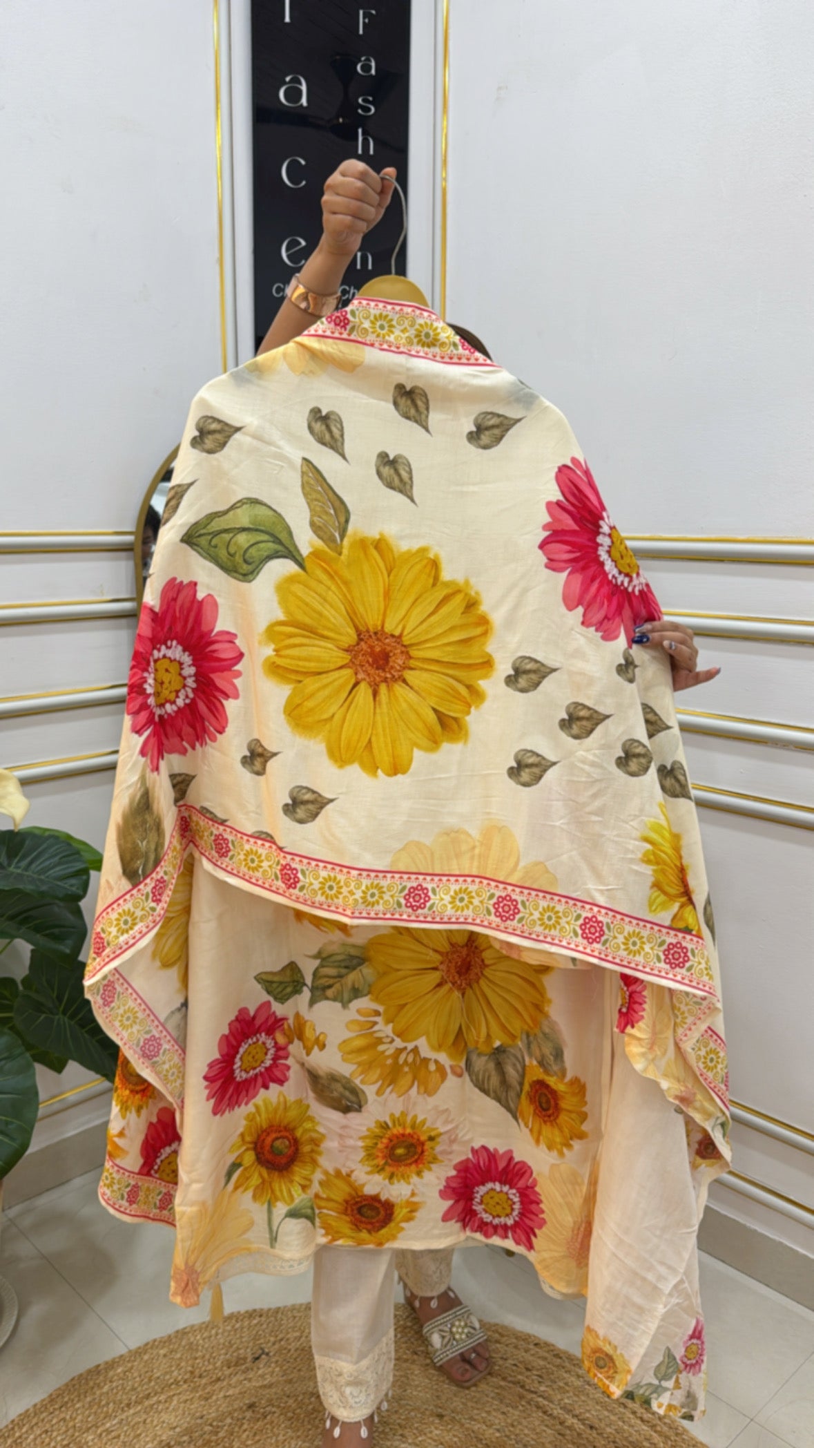 Elegant floral printed shawl from The Grace Fashion featuring vibrant sunflowers and pink flowers