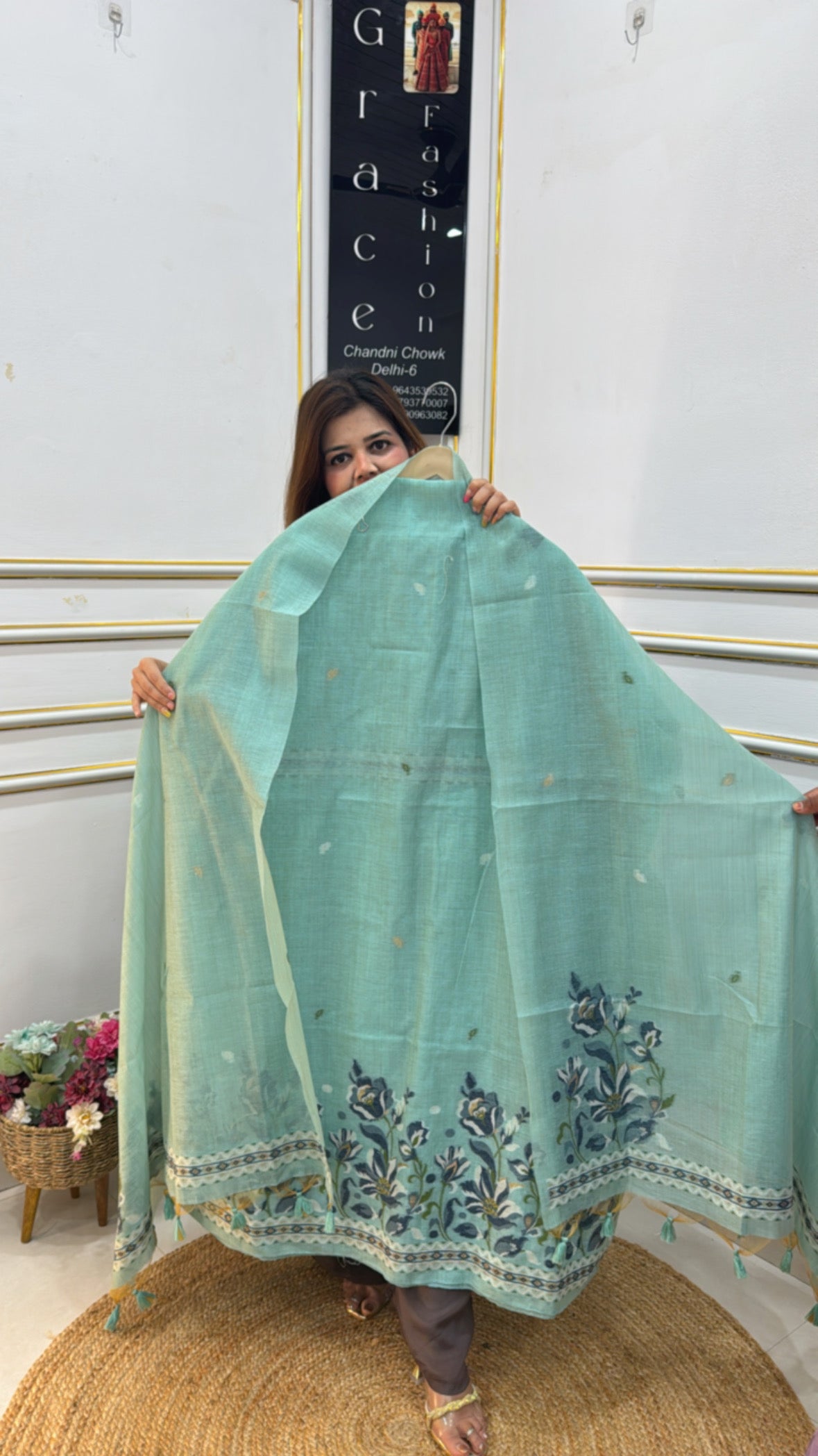 Elegant Linen Jamdhani semi party wear suit in soft mint green with detailed floral embroidery