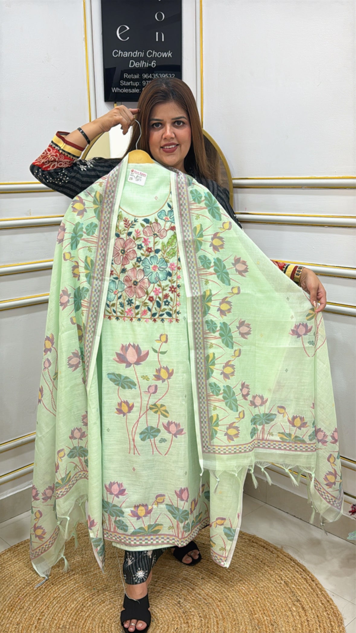 Elegant linen Jamdhani suit in soft green with floral embroidery and matching dupatta for stylish occasions