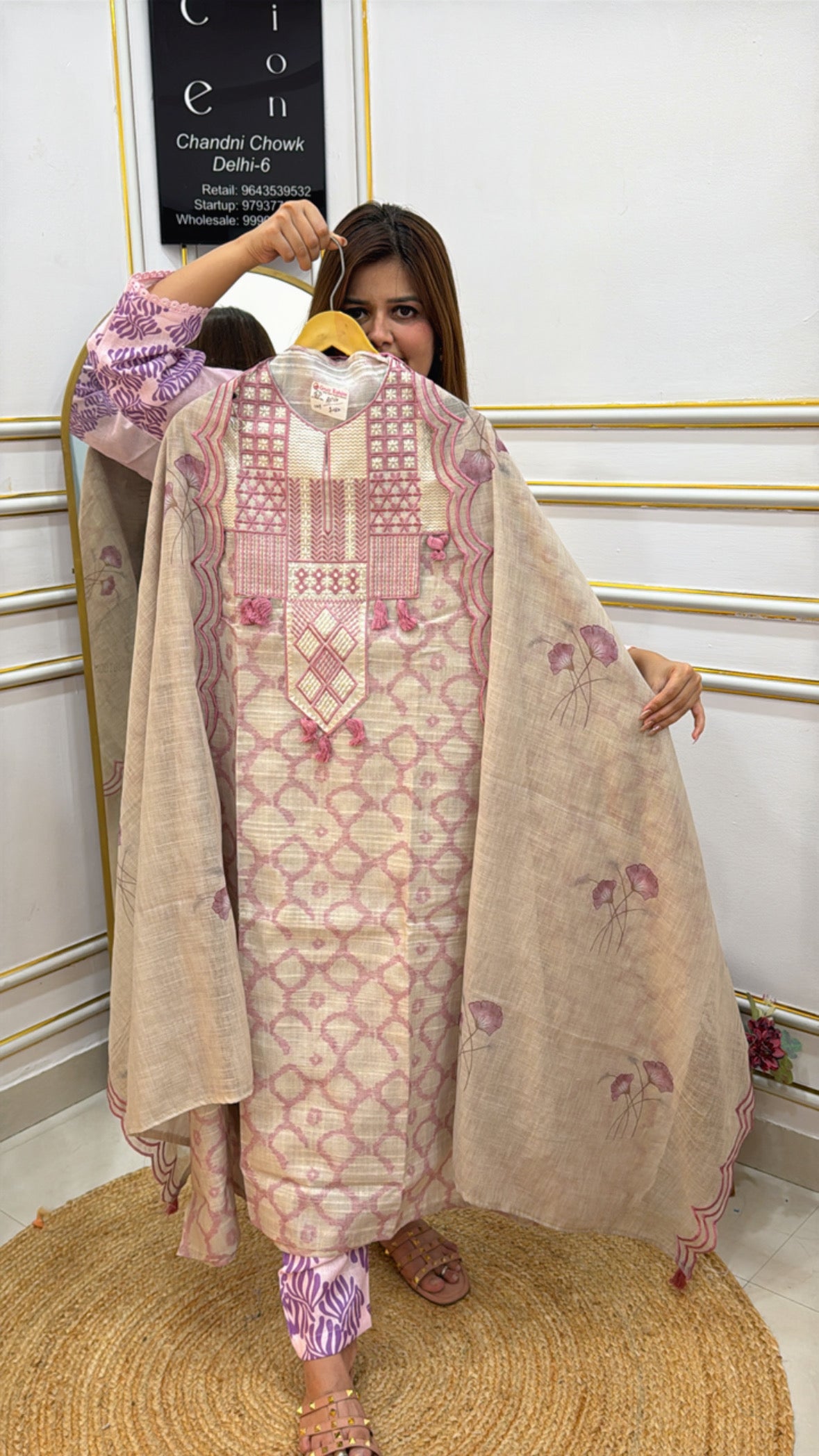 Linen Jamdhani unstitched suit in beige with elegant patterns and matching shawl for festive occasions